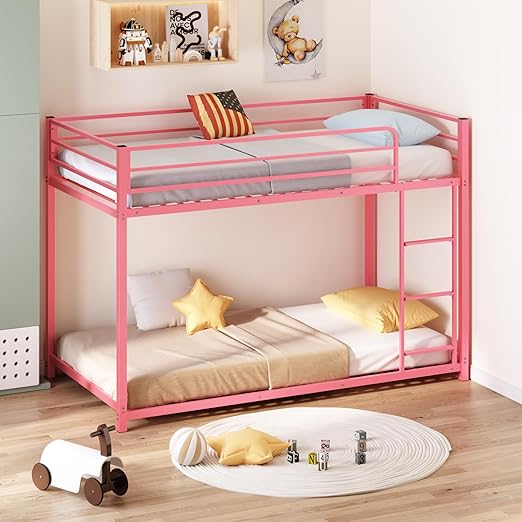 Bunk Bed Twin Over Twin, Metal Twin Size Bed Frame with Safety Guardraild