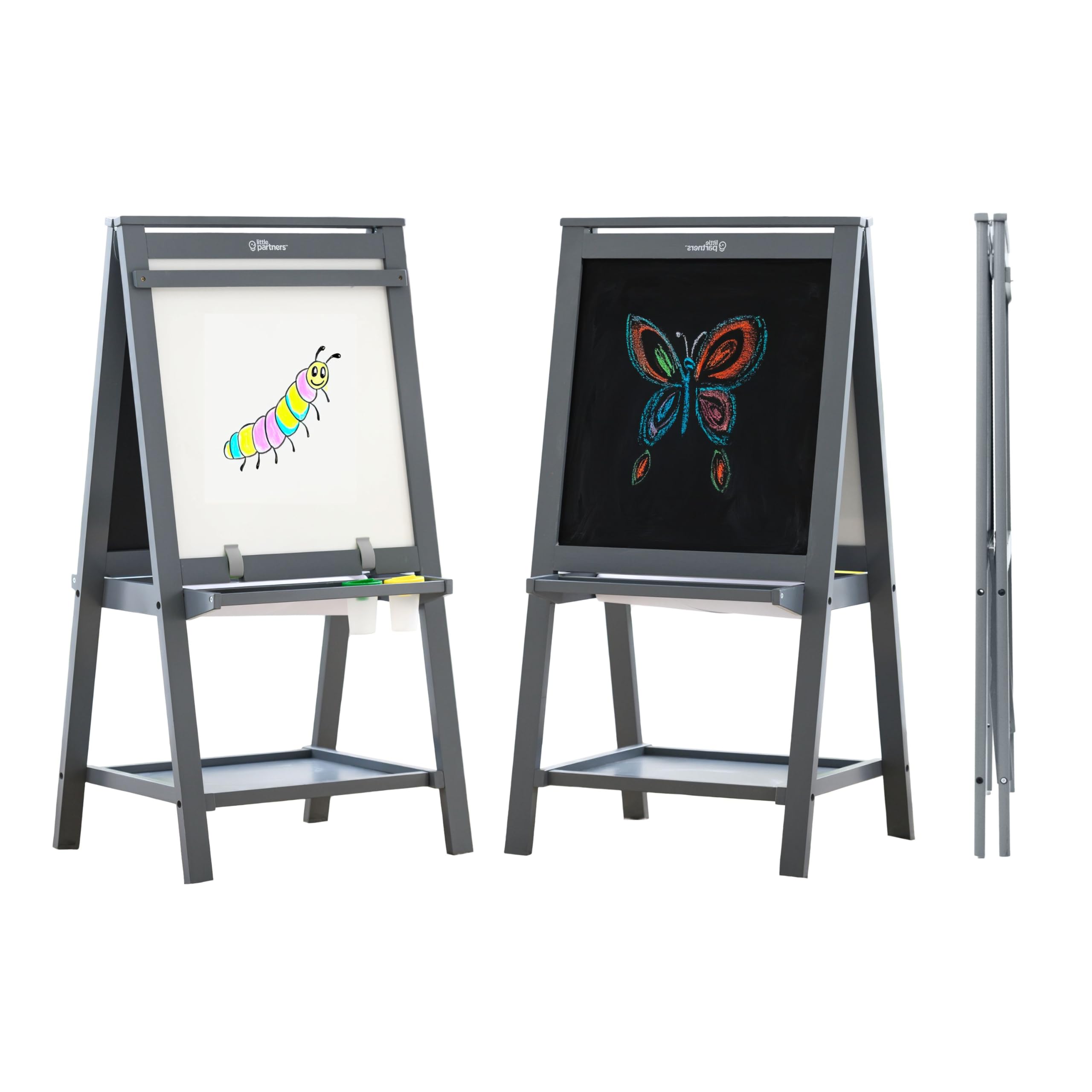 Little Partners Folding EZ Painting Easel for Kids, Dual-Sided Art Easel for Kids Art Station, Folds Flat with Chalkboard, Dry Erase Whiteboard, Paper, Eraser, Paint Cups, Shelf (Earl Grey)