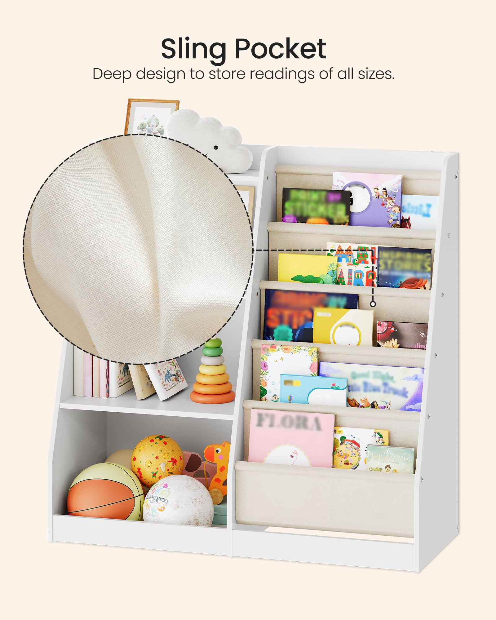 Kids Bookshelf Storage Organizer with 6 Fabric Sling Pockets
