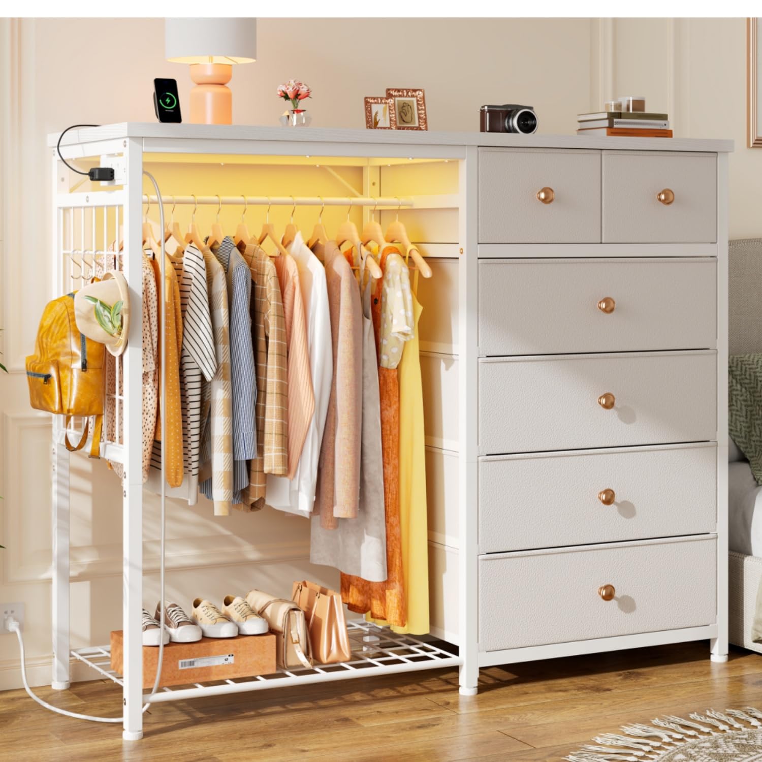 Dresser with Hanging Rack LED Lights Charging Station