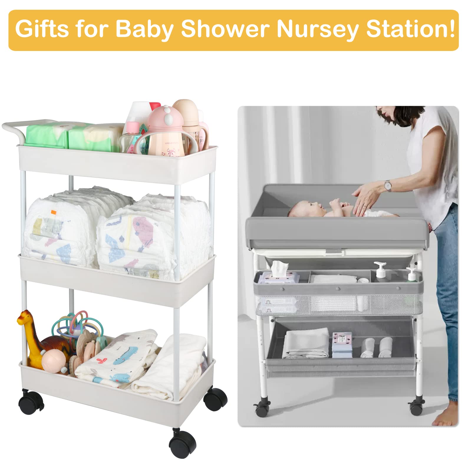 3-Tier Rolling Baby Diaper Caddy Organizer with Wheels
