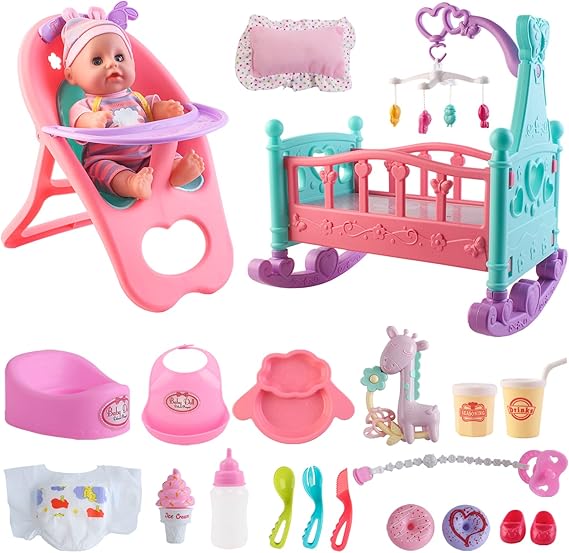 12” Baby Doll Play Set with Crib, Mobile, High Chair Feeding Accessories