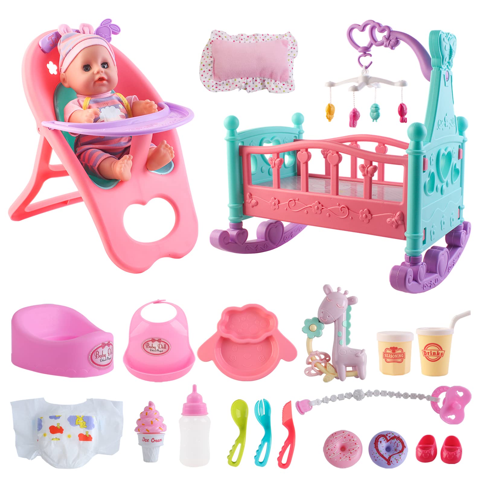 12” Baby Doll Play Set with Crib, Mobile, High Chair Feeding Accessories