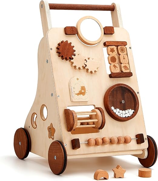 Wooden Baby Walker, Adjustable Speed Anti-Rollover Push Walker Toy for Babies