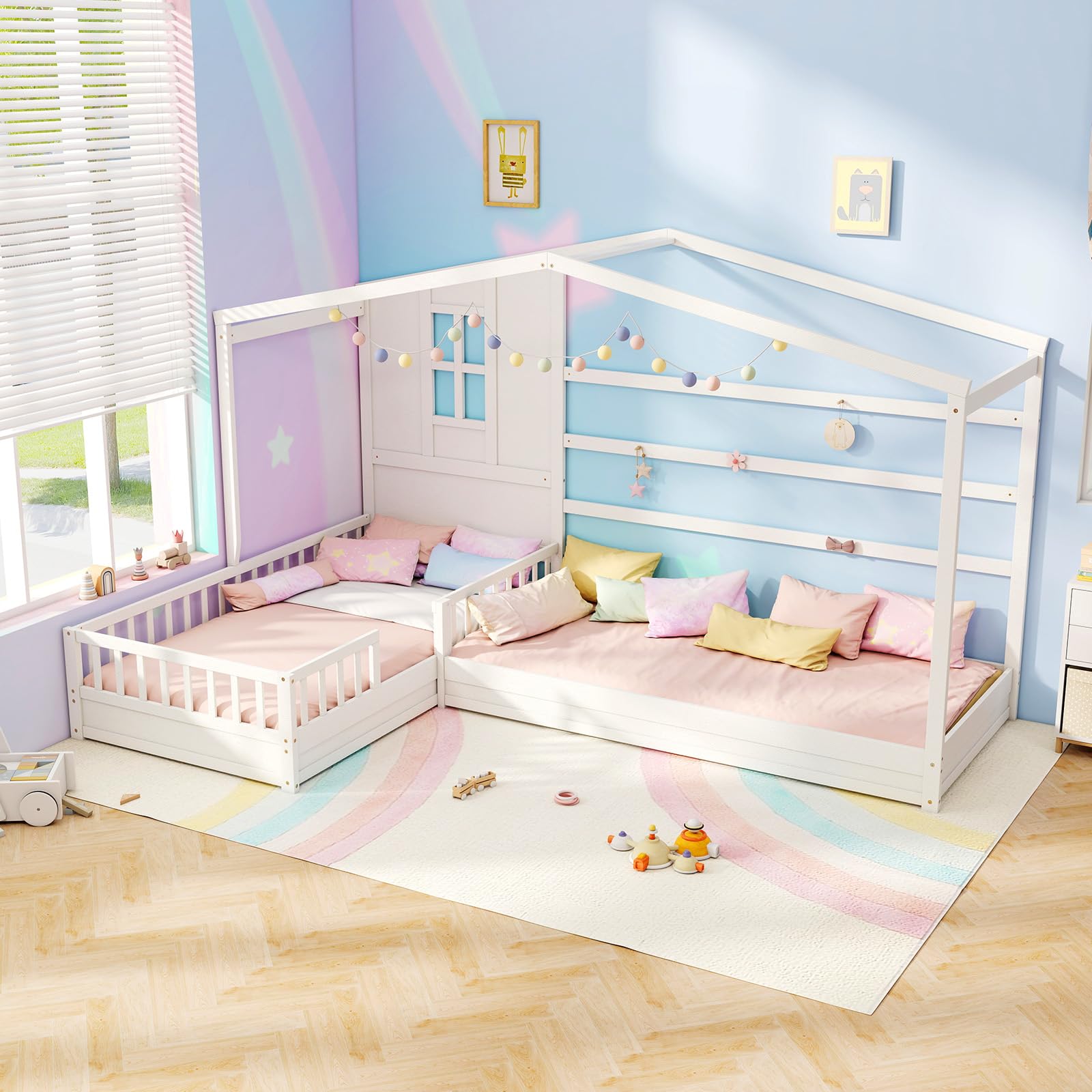 MAT EXPERT L Shaped Twin Beds for 2 Kids, Wooden House Platform Bed w/Window & Roof, Fence & Slats, Corner Montessori Bed Frame for Boys Girls Teens, Dorm Bedroom, No Box Spring Needed (White)