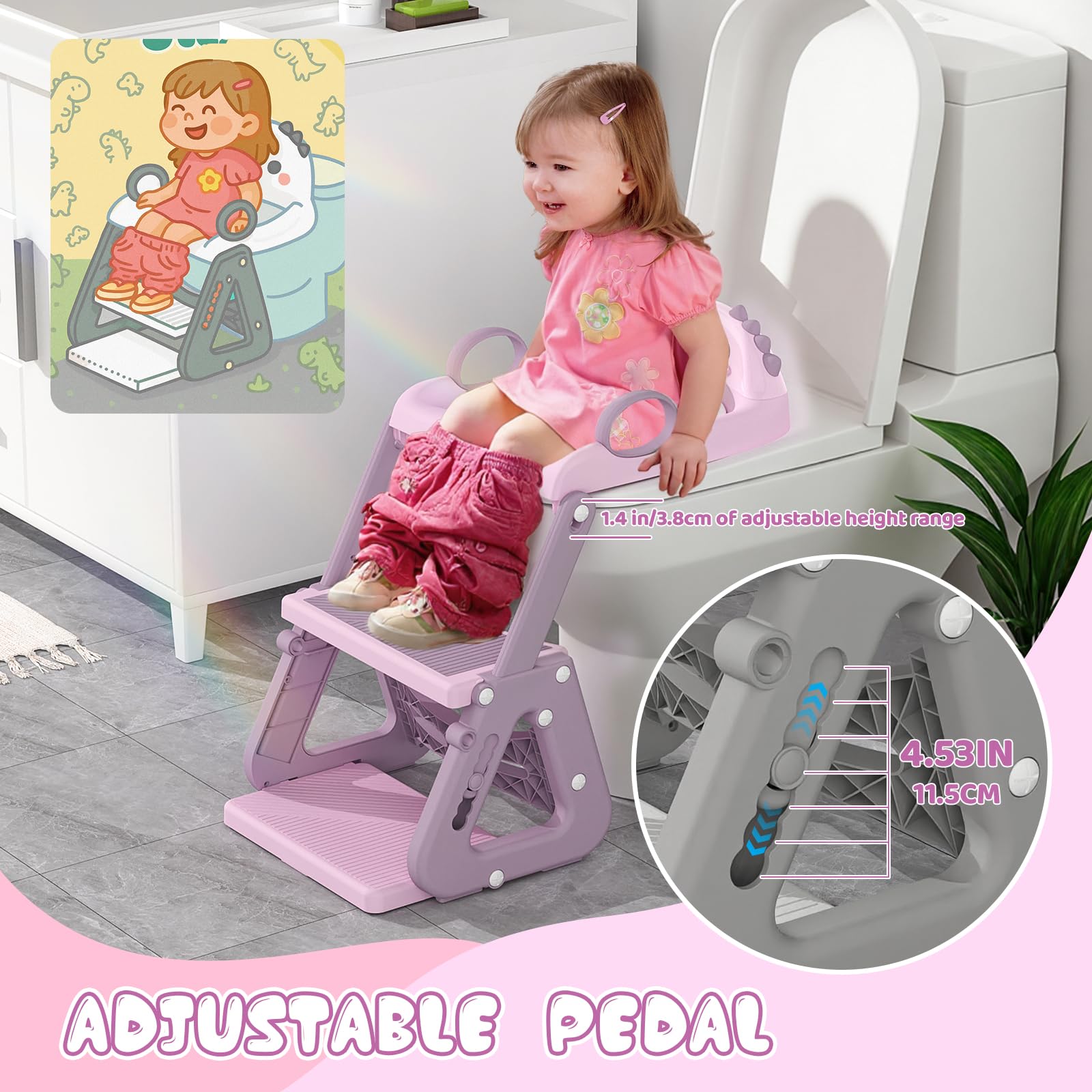 Potty Training Seat, Upgrade 2 in 1 Potty Training Toilet with Step Stool Foldable Toddler Toilet Seat for Kids Boys Girls Toddler Potty with Splash Guard Anti-Slip Pad Adjustable Ladder & Seat Height