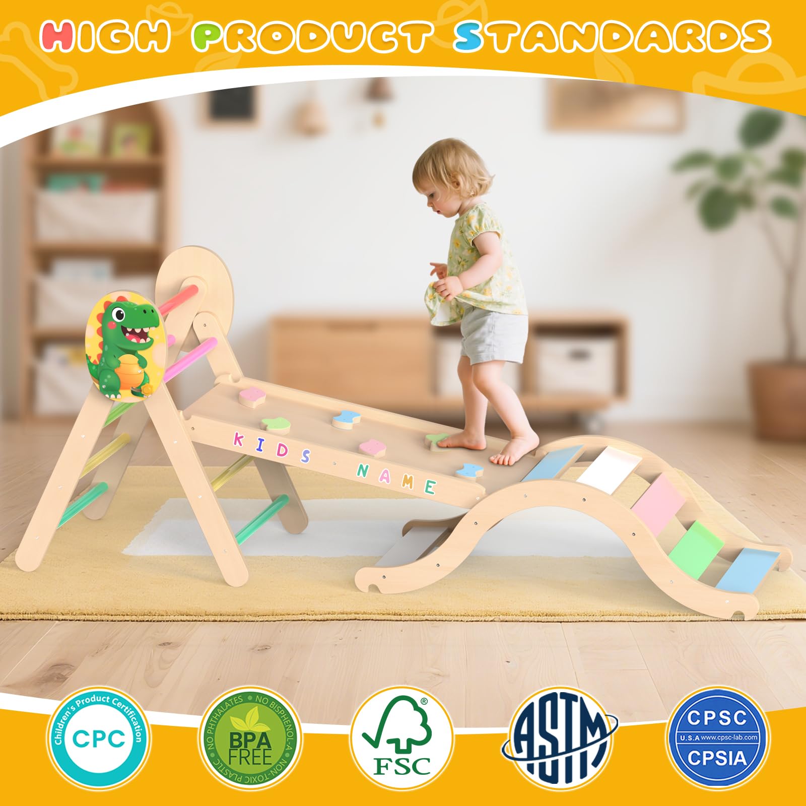 Dinosaur Pikler Triangle Climbing Set with Arch Ramp and Cushion