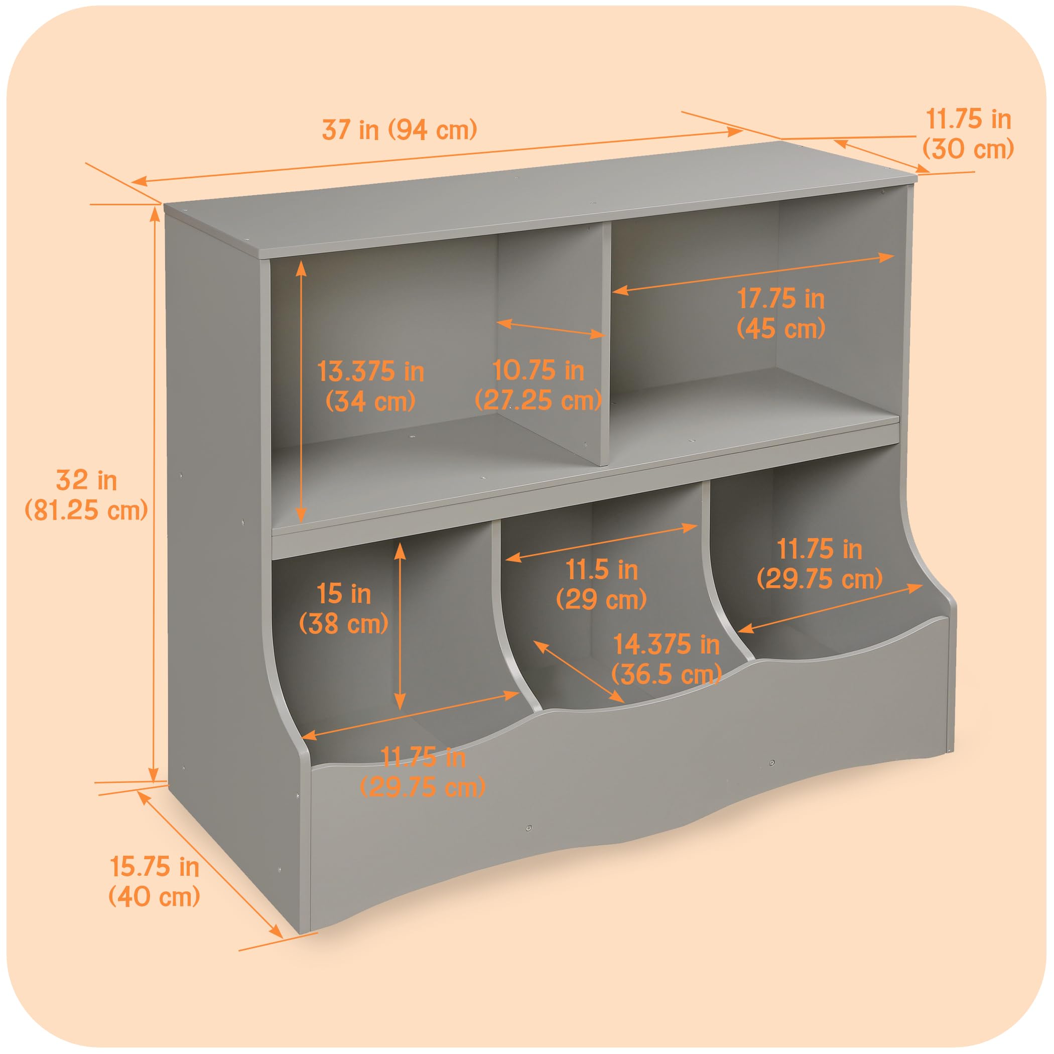 Multi-Bin Storage Cubby for Kids - Toy Organizer with 3 Bins and 2 Shelves