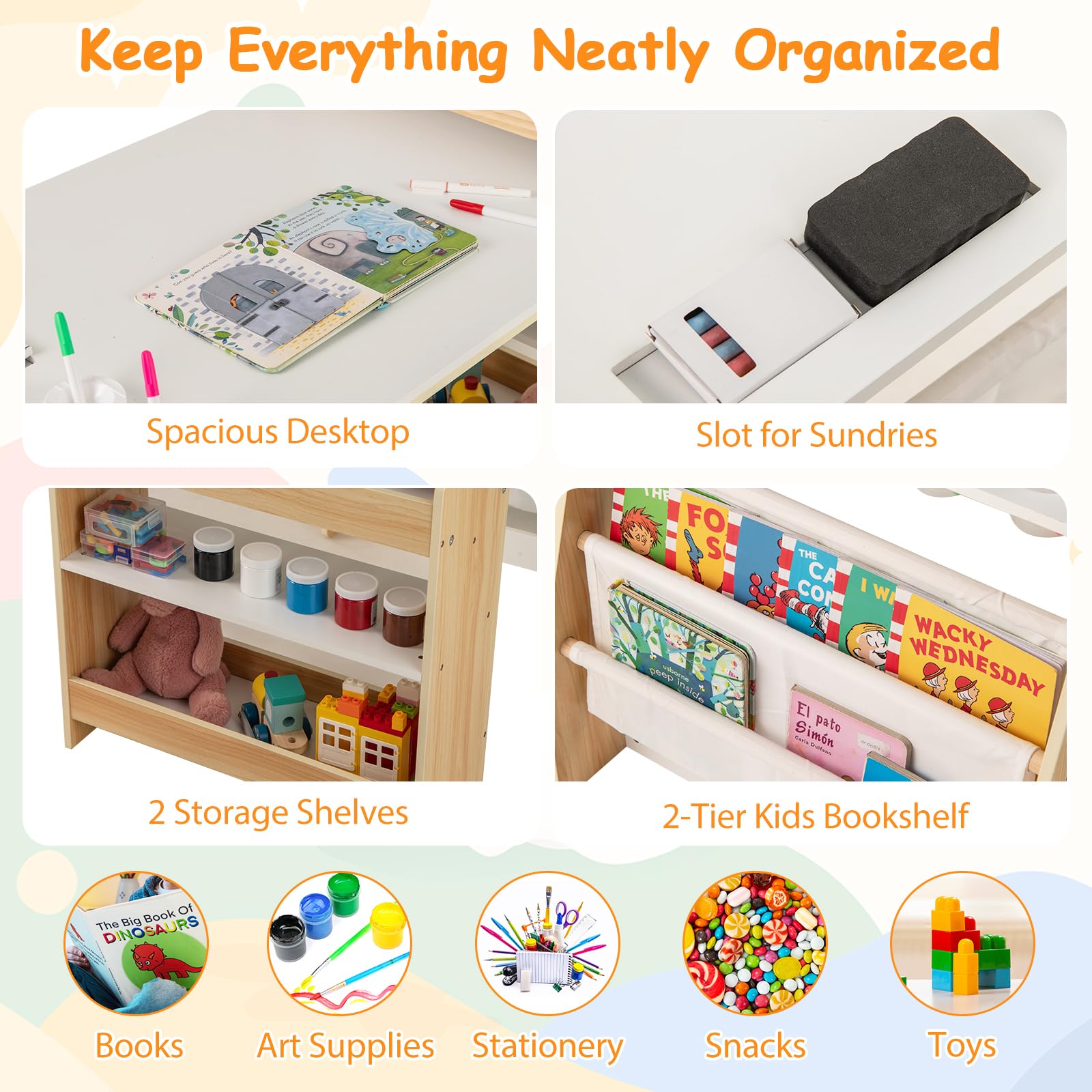 Kids Art Table and Chair Set with Easel - 4-in-1 Wooden Activity Desk