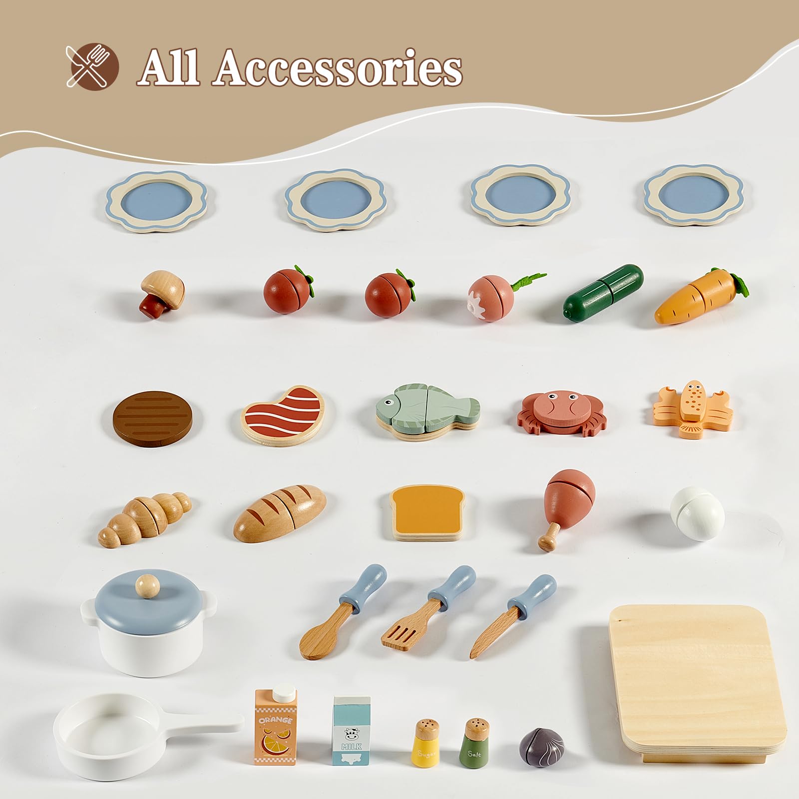 Joylike Wooden Kitchen Playset for Kids, Toddler Play Kitchen with 32Pcs Accessories Cutting Food Set, Stove & Water Sink, Pretend Play Toy for Kids Ages 3+