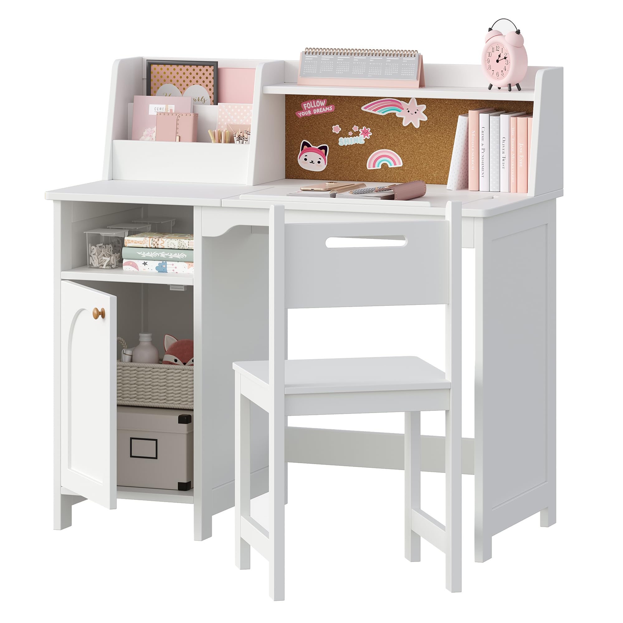 Kids Study Desk and Chair Set, Kids Desk with Hutch and Tiltable Desktop