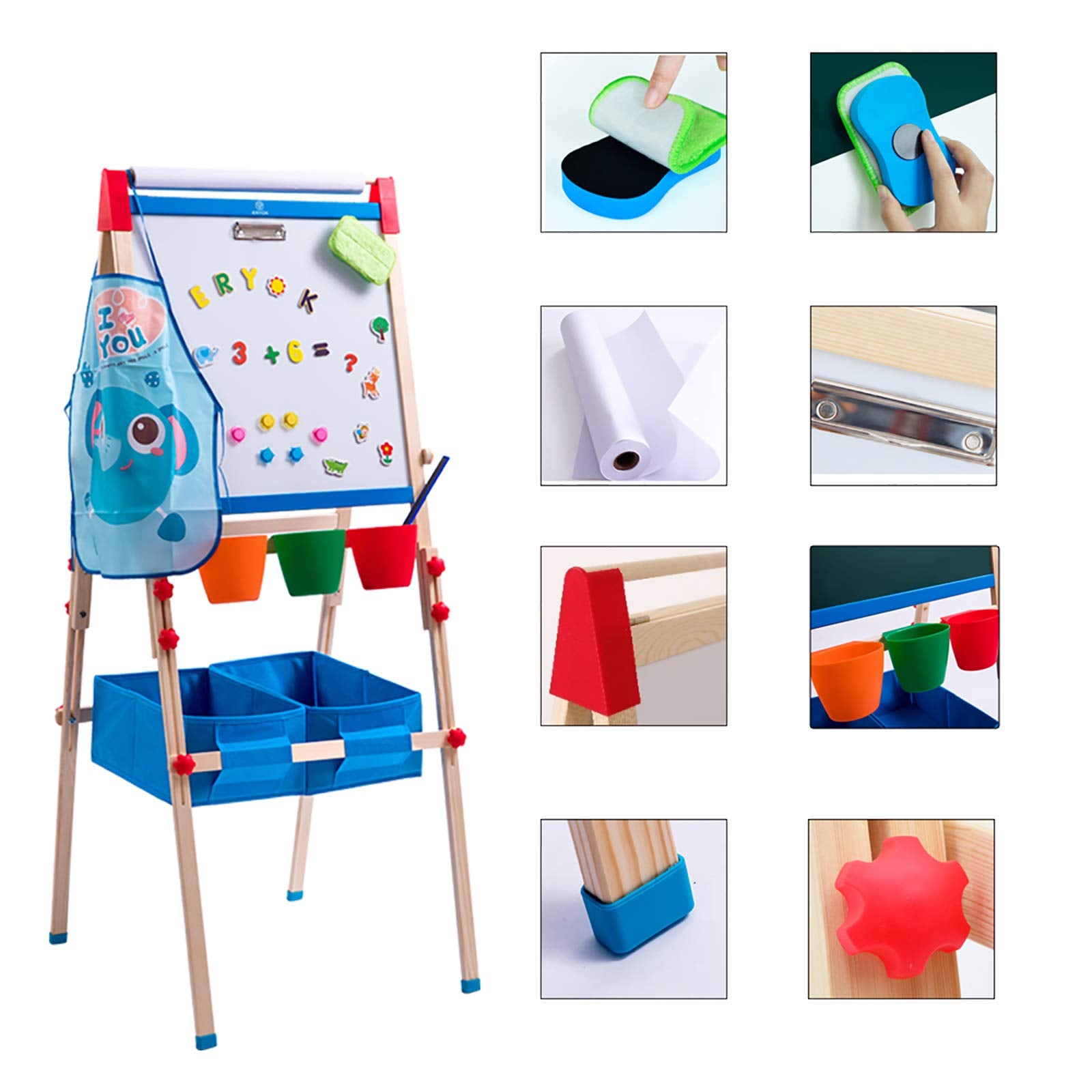 ERYOK Kid's Art Easel with Adjustable Double-sided Magnetic Board, Paper Roll, Storage and Accessories, Standing Art Easel for Kids (31-55.5 inches)