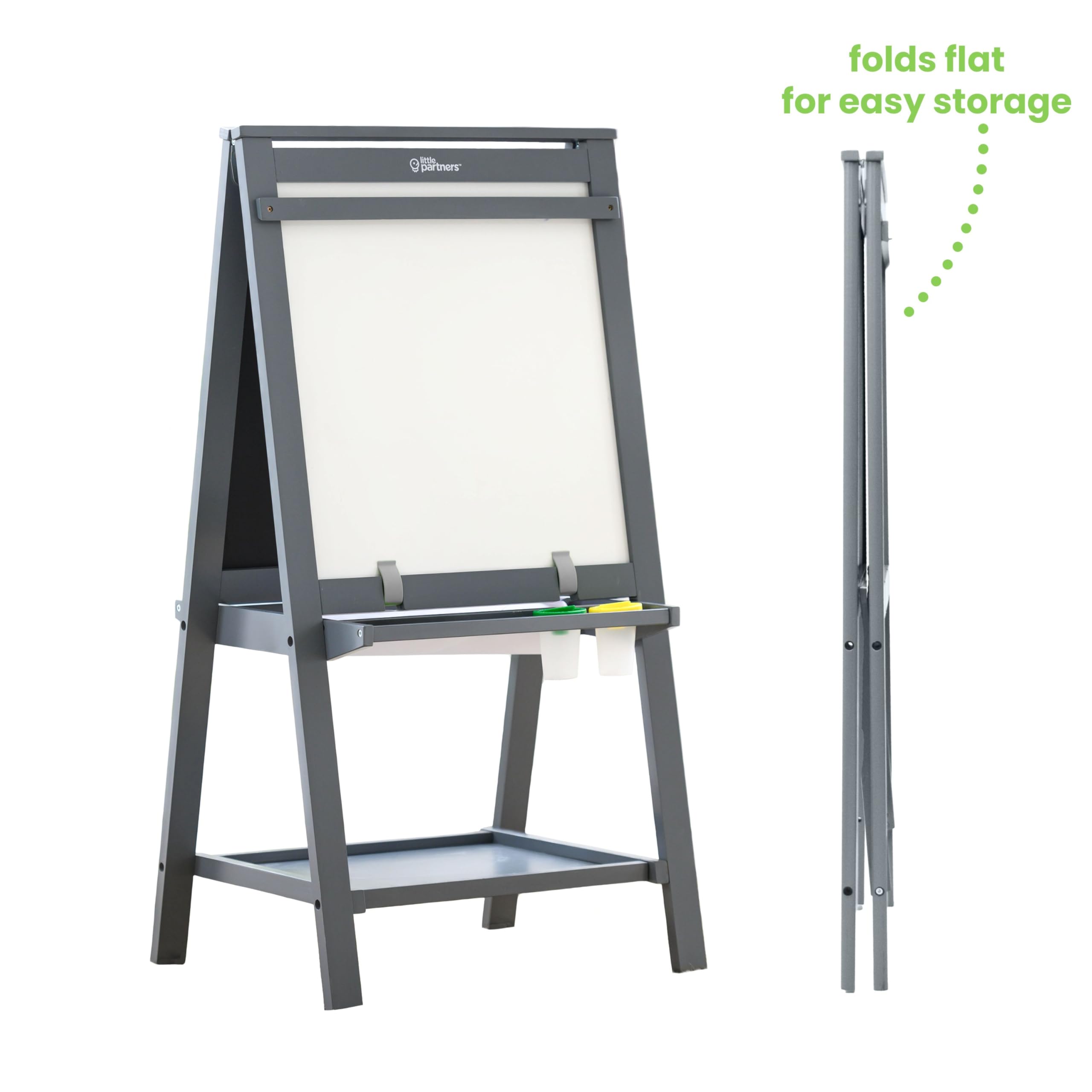 Little Partners Folding EZ Painting Easel for Kids, Dual-Sided Art Easel for Kids Art Station, Folds Flat with Chalkboard, Dry Erase Whiteboard, Paper, Eraser, Paint Cups, Shelf (Earl Grey)