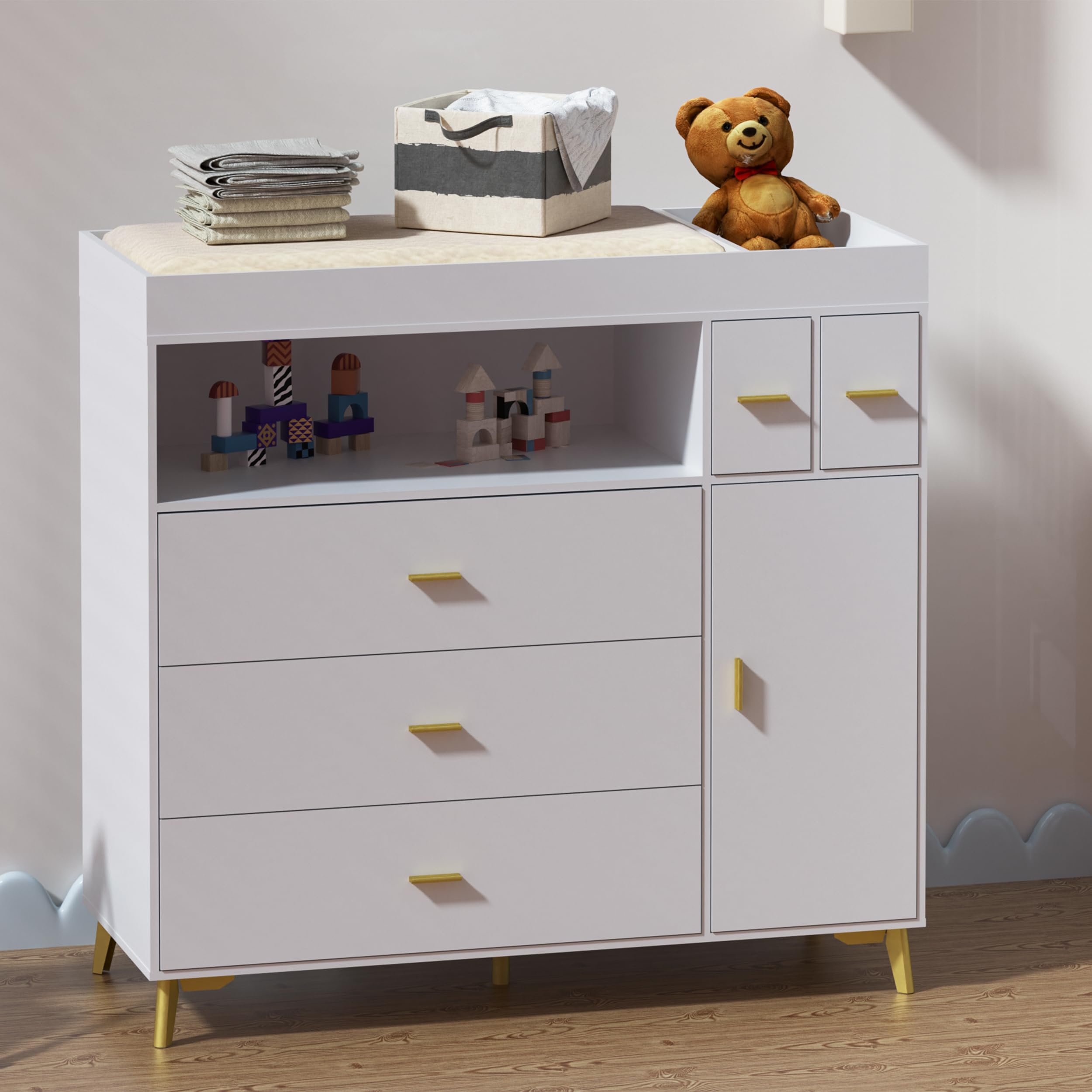 White Changing Table Dresser with 5 Drawers