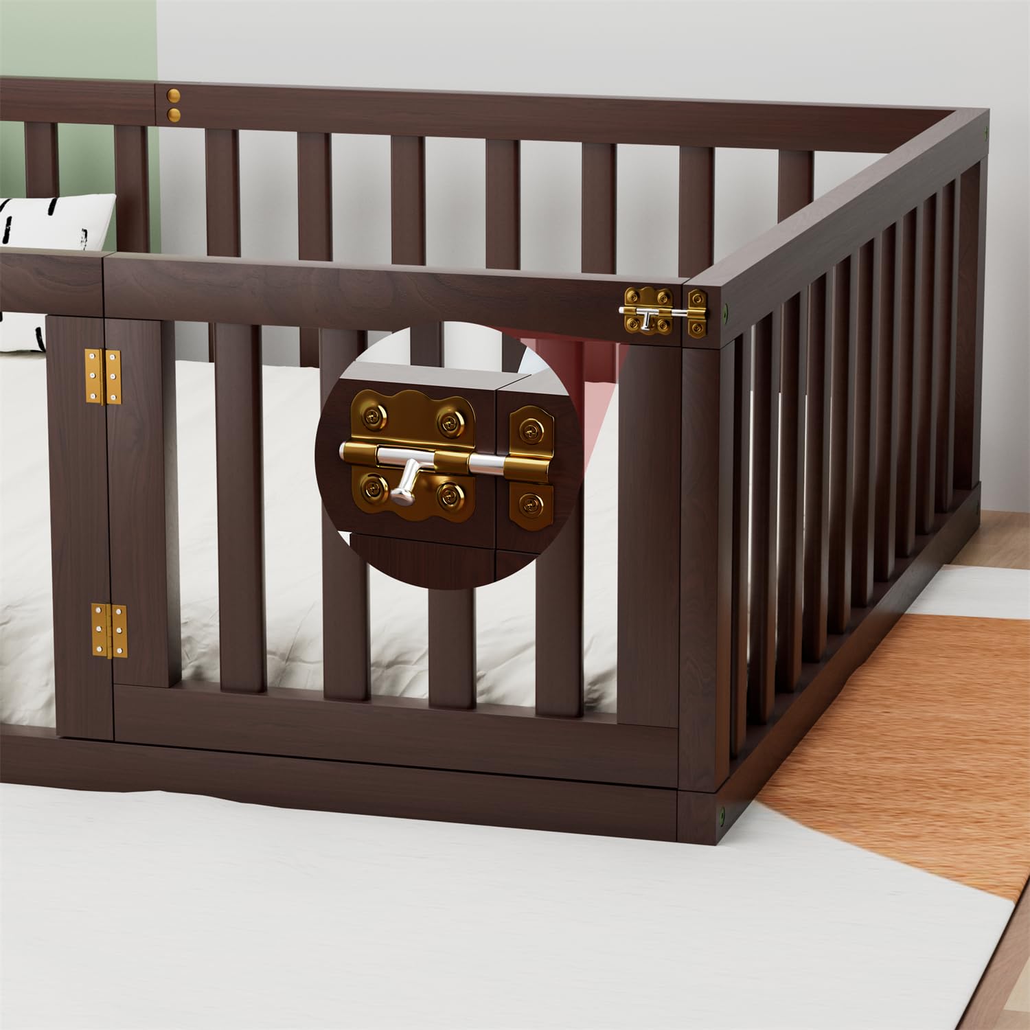 Full Floor Bed for Kids with Door and Safety Guardrails