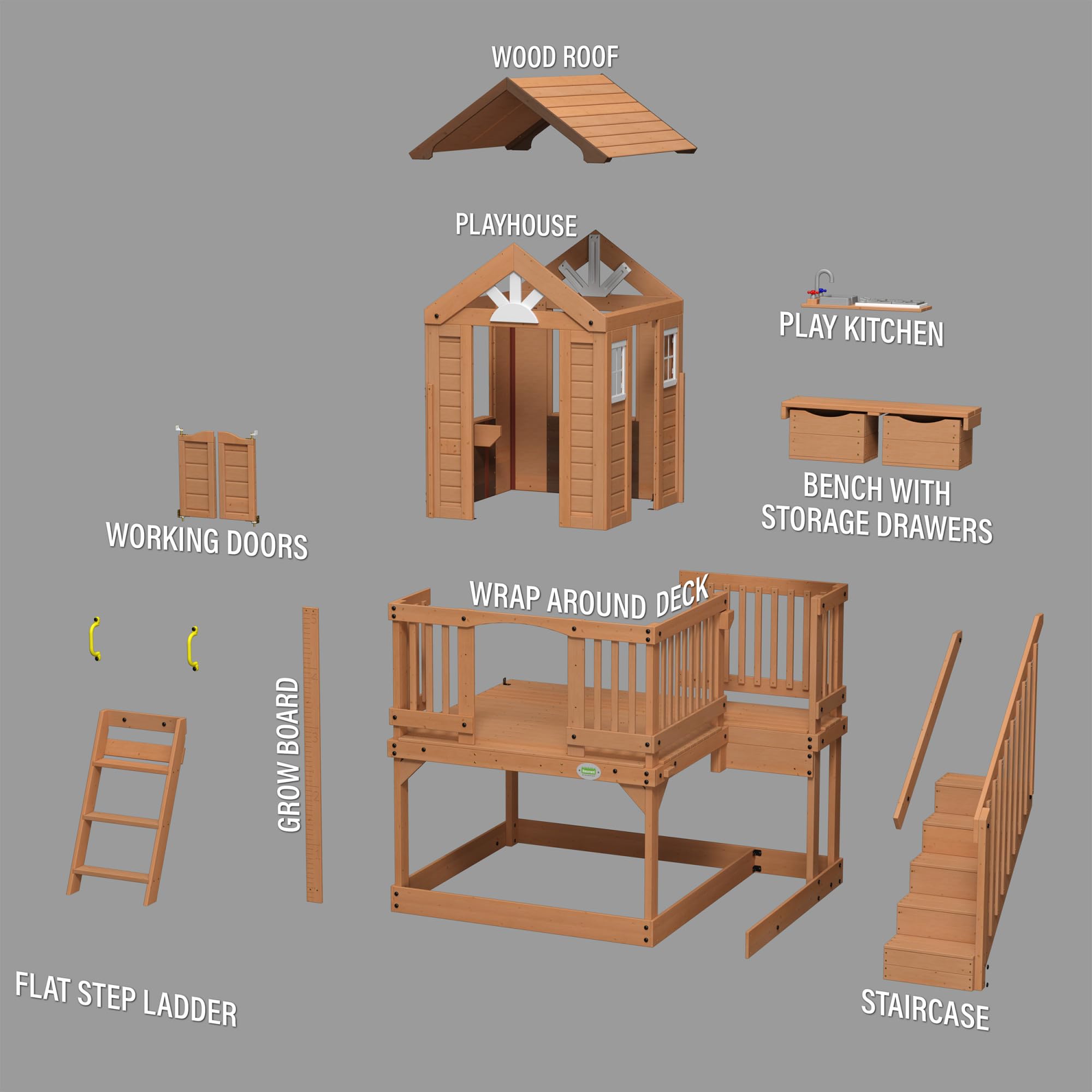 Elevated Cedar Wooden Playhouse with Kitchen and Deck
