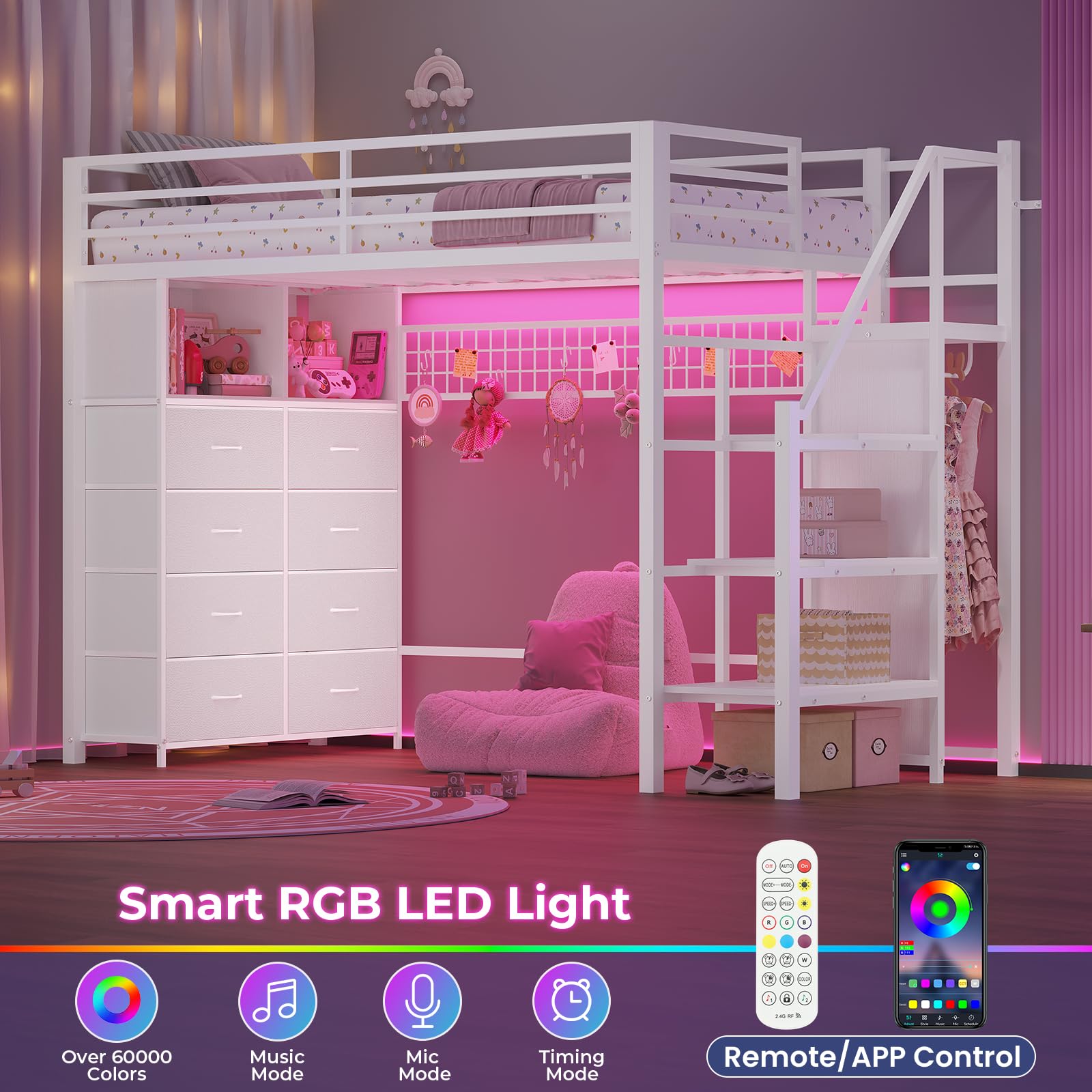 Twin Metal Loft Bed with Storage Stairs and LED Lights