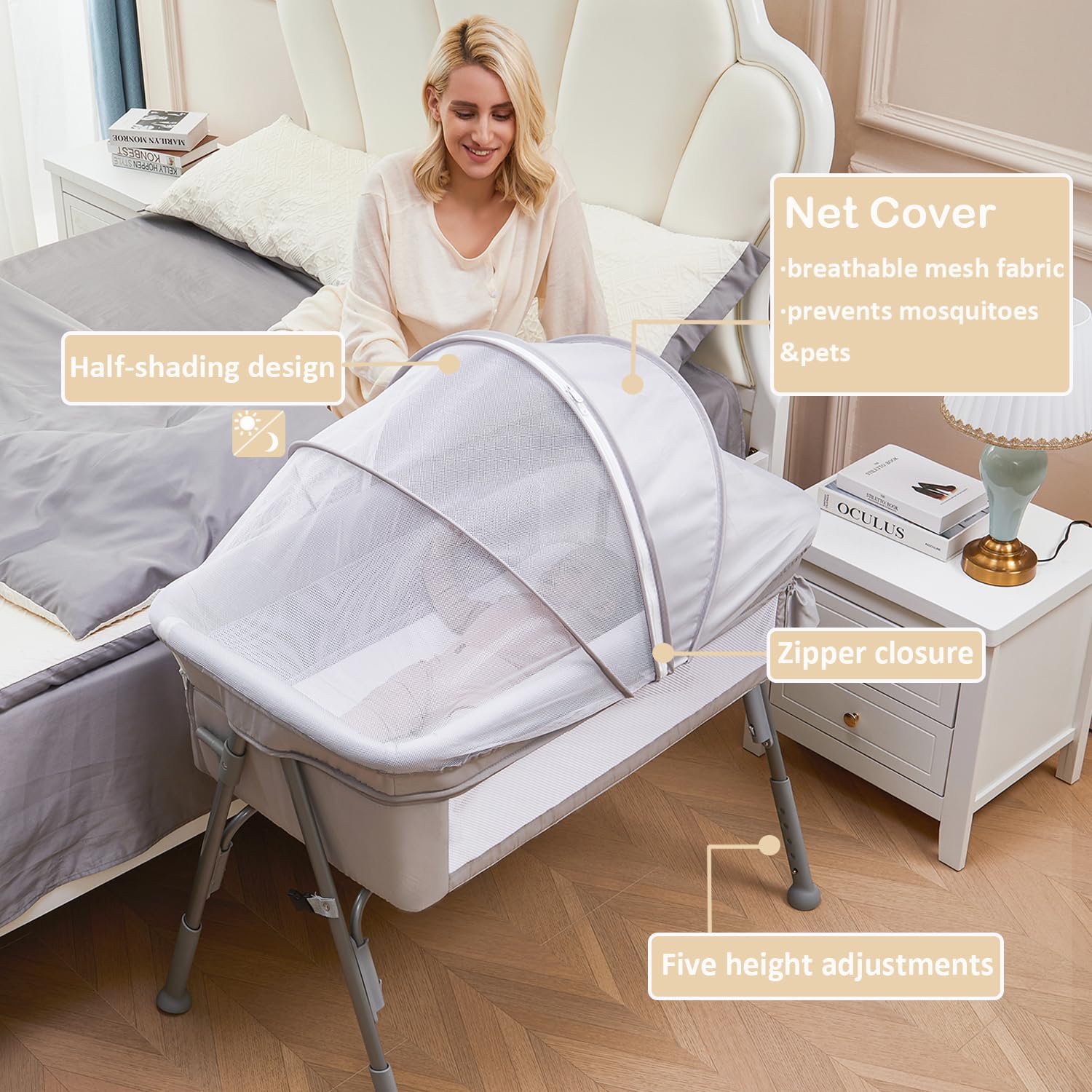 Adjustable Bedside Bassinet with Mosquito Net