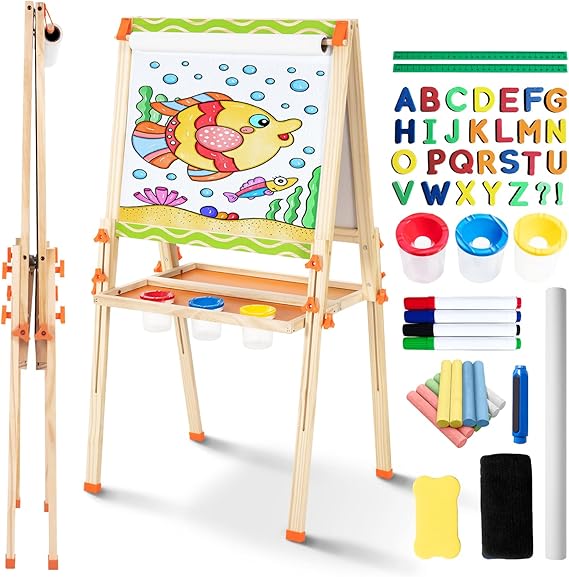 Foldable Kids Painting Easel Double Sided Chalkboard & Magnetic