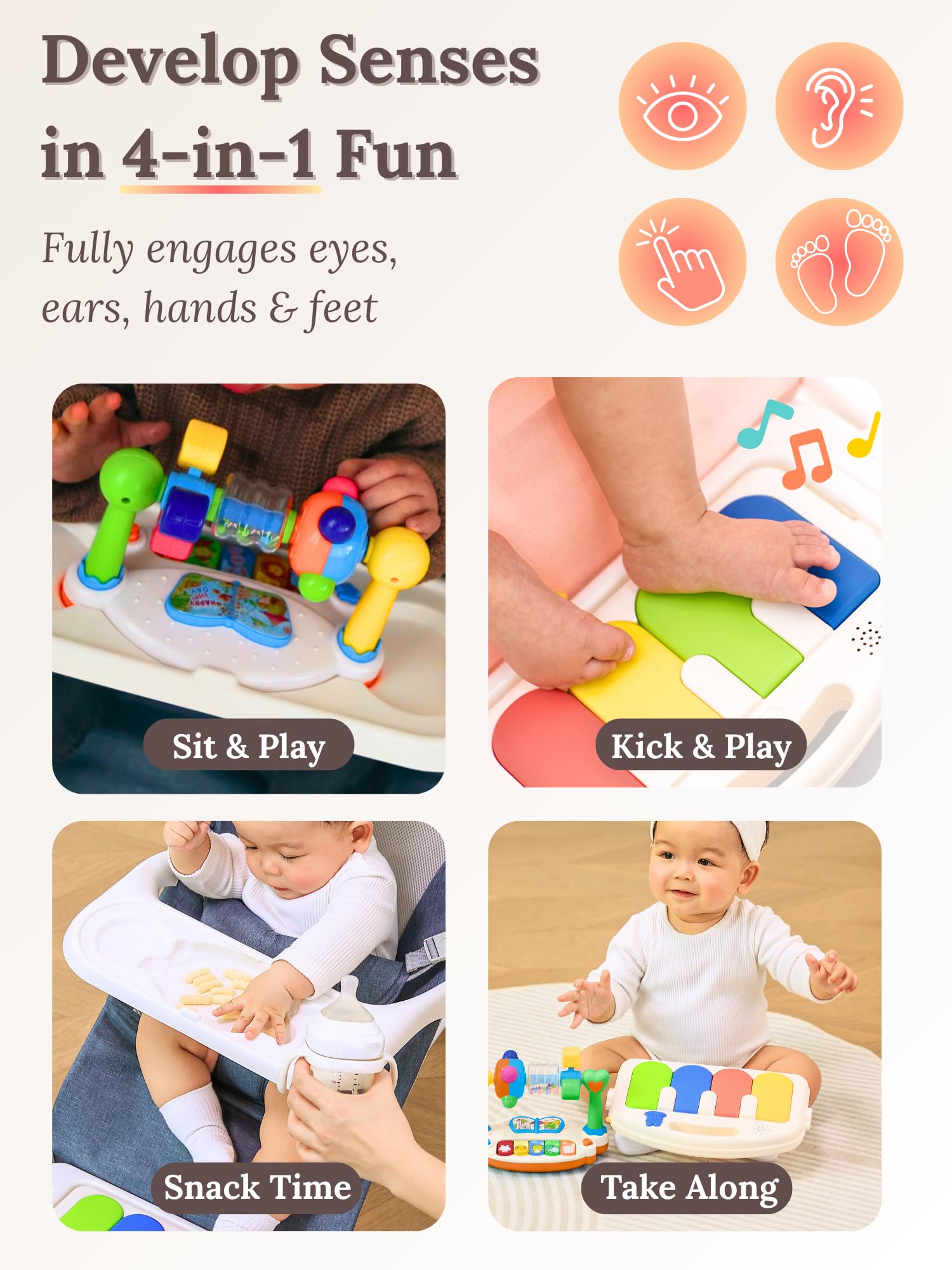 4-in-1 Baby Bouncer with Wheels and Piano Tray