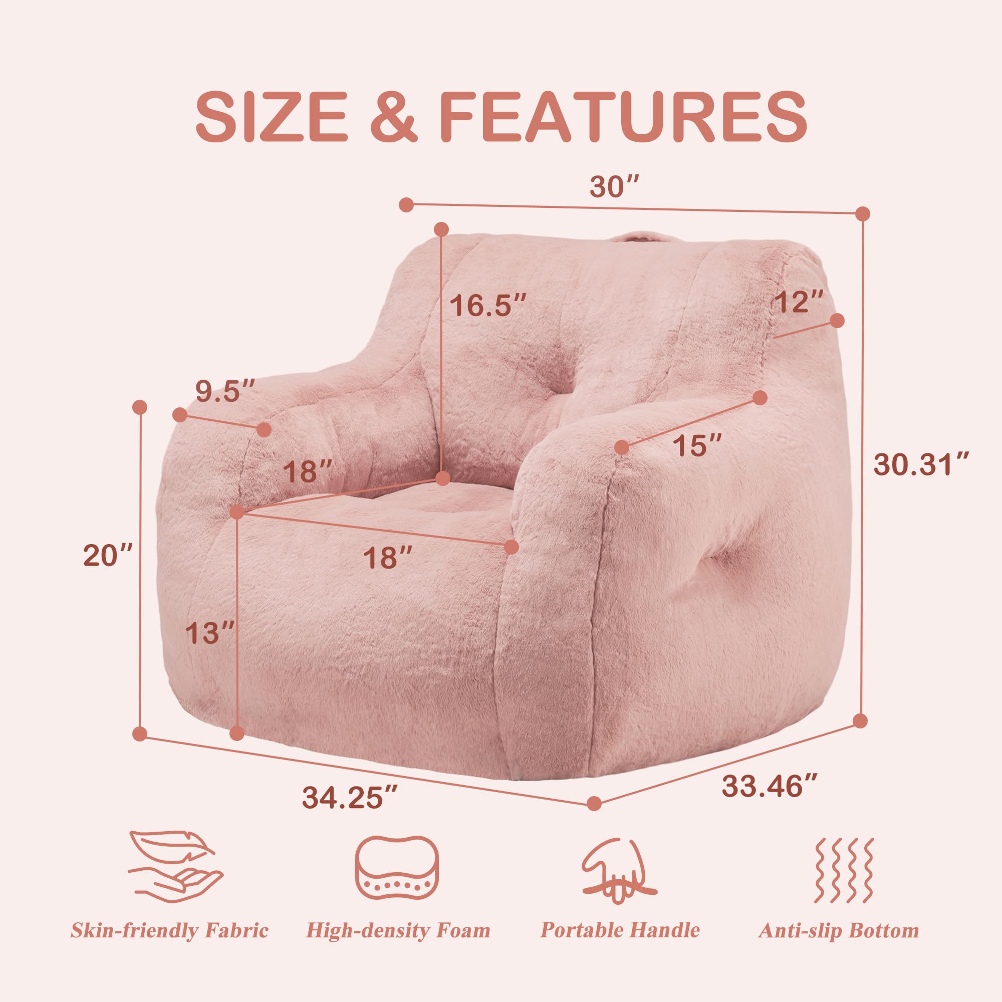 Small Pink Furry Bean Bag Chair with Arms