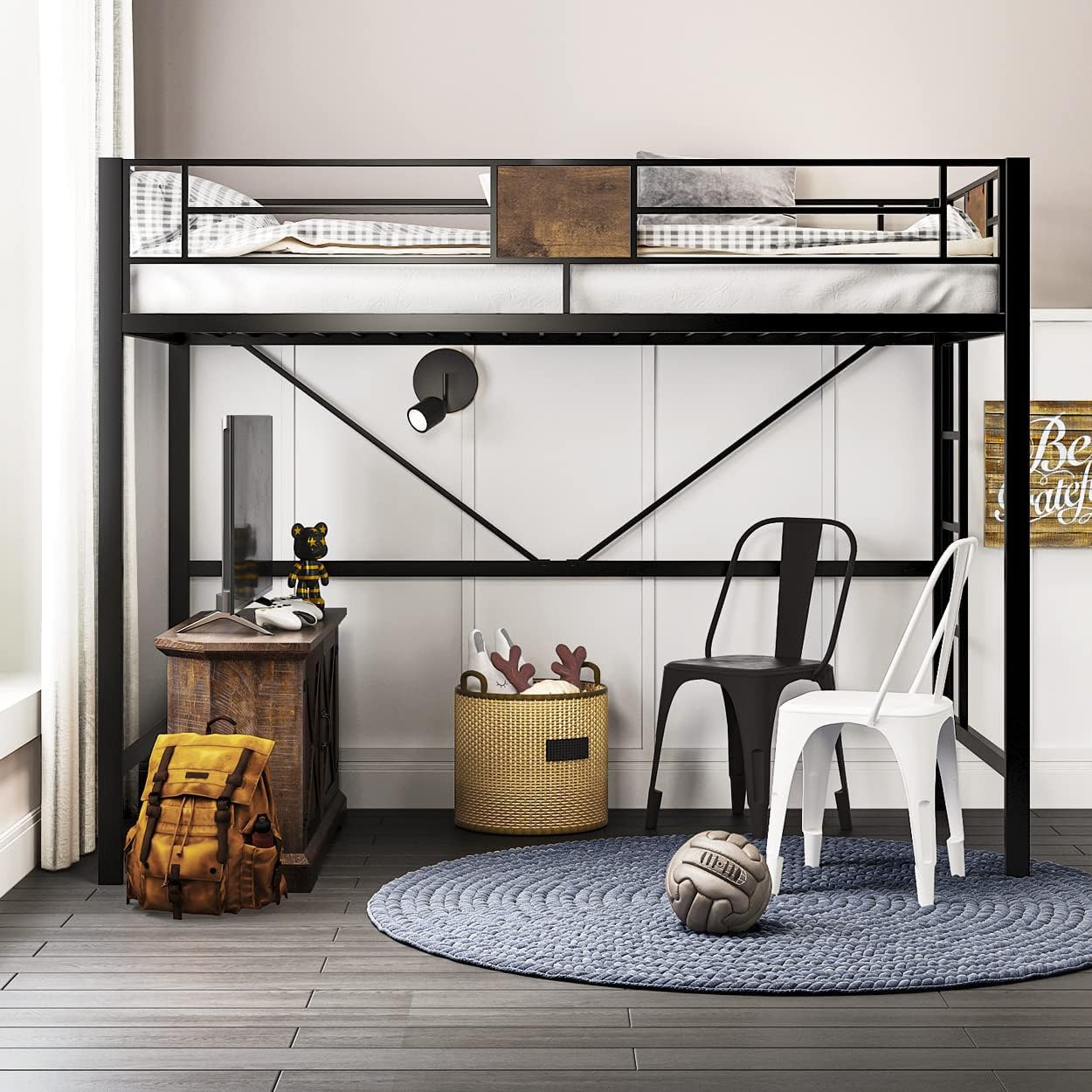 Loft Bed Twin Size with Ladder and Guardrail,Rustic Design