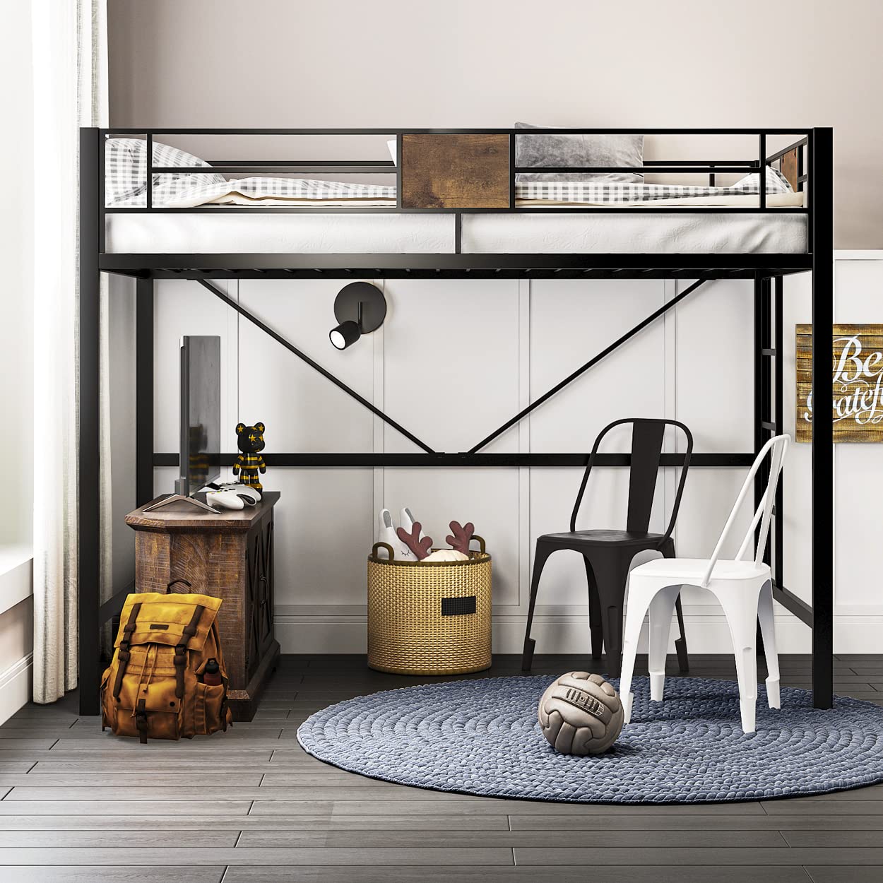 Loft Bed Twin Size with Ladder and Guardrail,Rustic Design