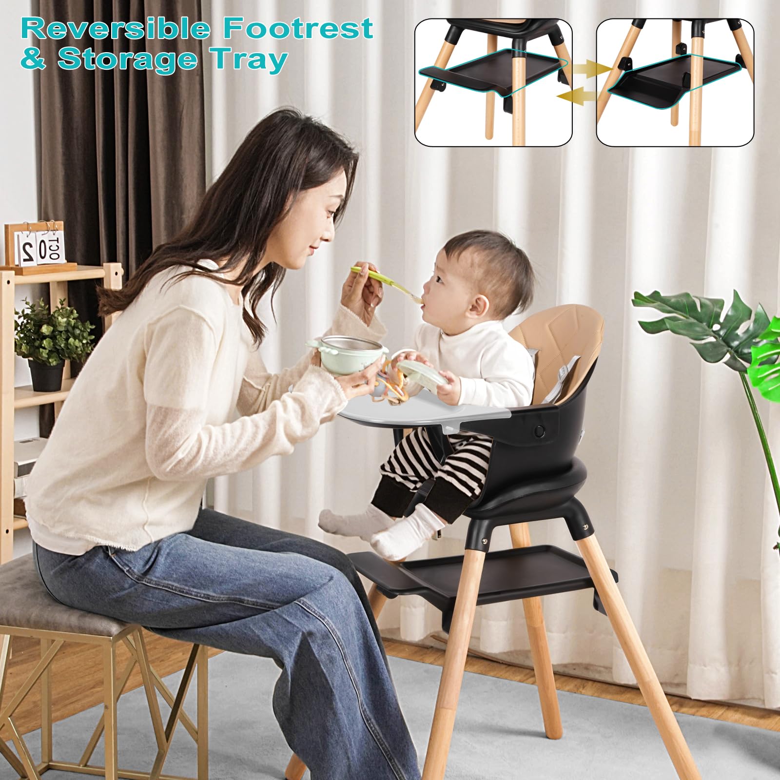 Baby High Chair, 6 in 1 Wooden Convertible High Chairs for Babies and Toddlers