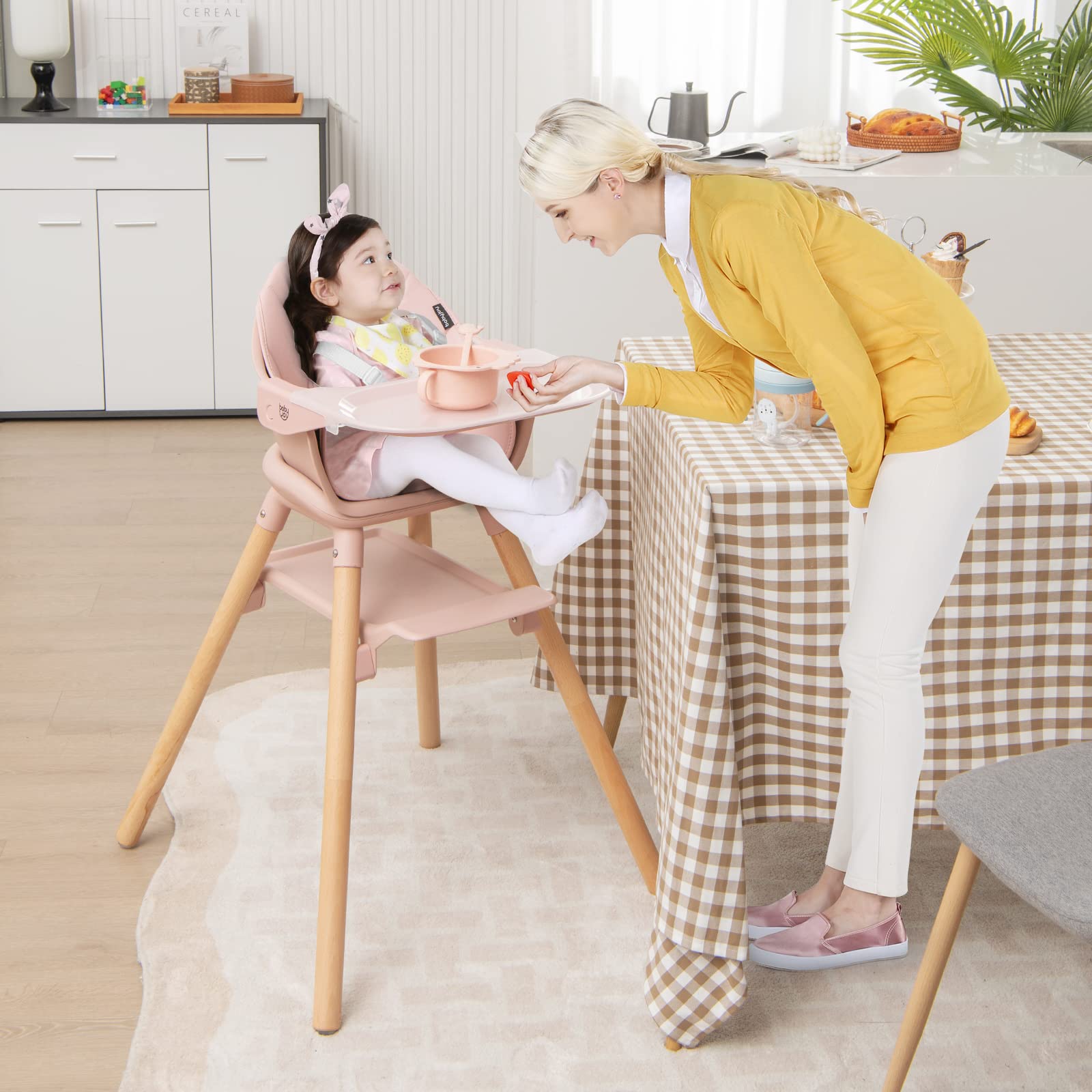 6-in-1 Convertible Wooden Baby High Chair with Adjustable Legs and Removable Tray