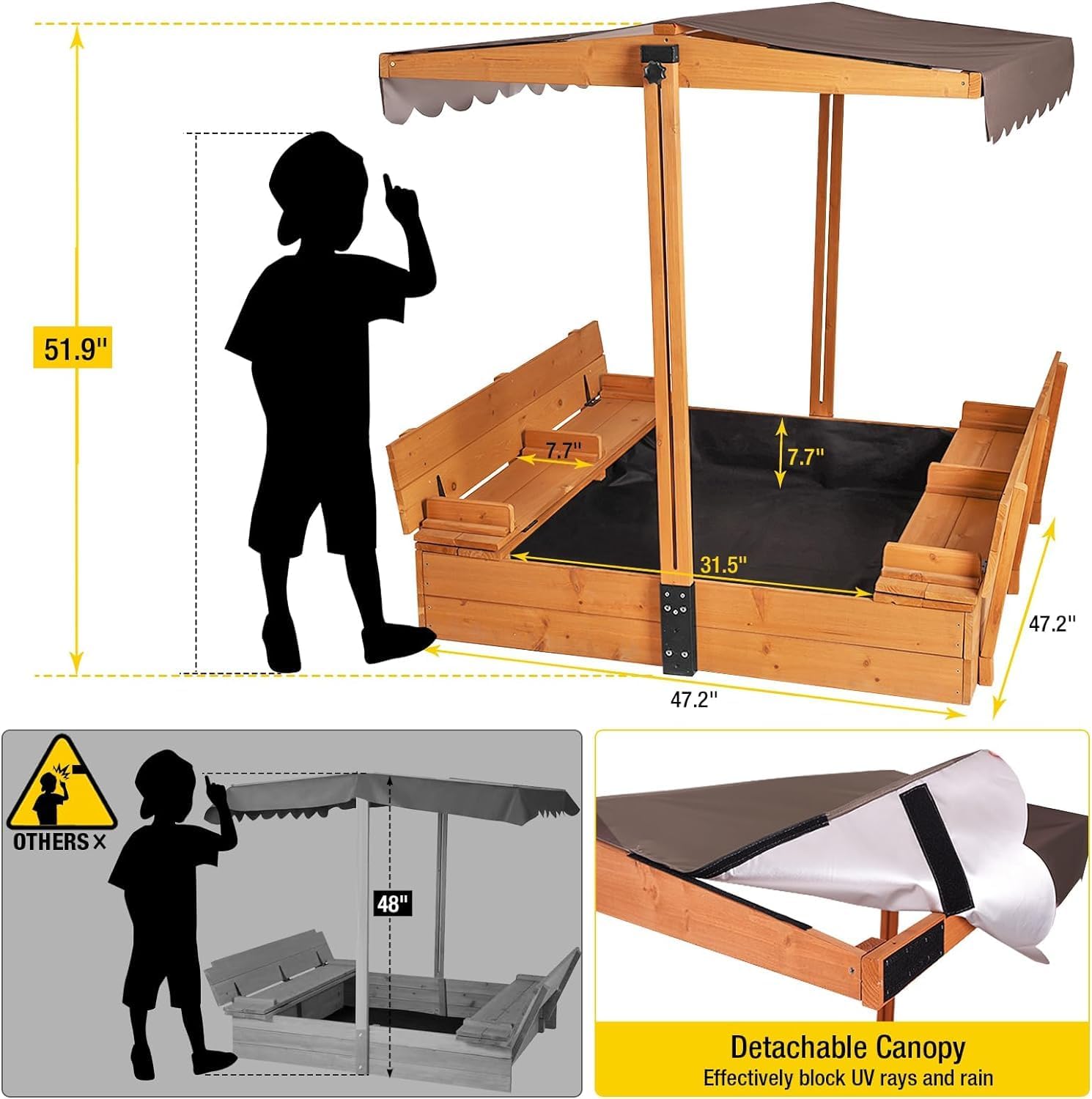 Wooden Sandbox with Retractable Canopy and Bench Seats