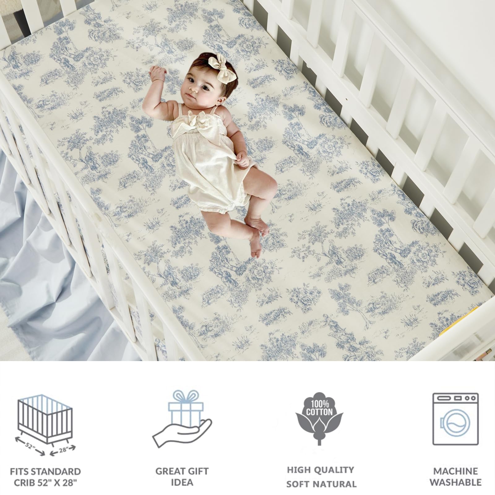 Brandream 3 Pieces French Country Toile Crib Bedding Set for Girls Vintage Blue Toile Floral Print 100% Cotton Baby Girl Nursery Bedding Collection - Ruffles Quilt,Toile Crib Sheet,Crib Bed Skirt