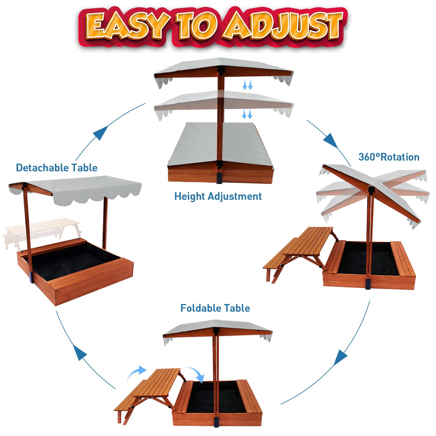 Wooden Kids Sandbox with Adjustable Canopy and Convertible Picnic Table