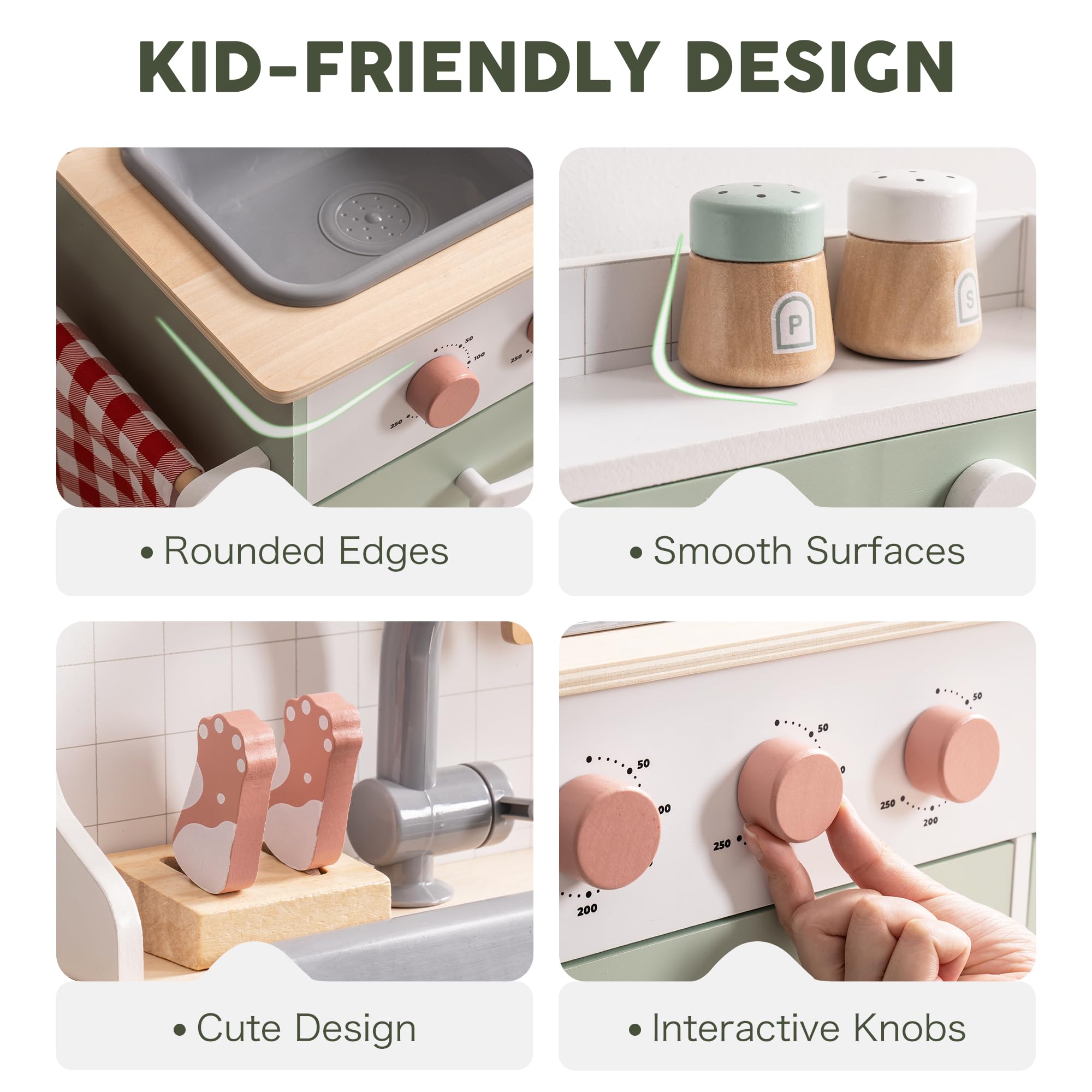 ROBUD Wooden Play Kitchen Set for Kids Toddlers, Pretend Kitchen Playset with BBQ Grill, Ice Maker, Coffee Machine, and Accessories, Toy Kitchen Gift with Lights & Sounds for Girls & Boys, Age 3+