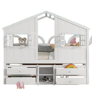 Full Size Wooden House-Shaped Loft Bed with Roof, Windows