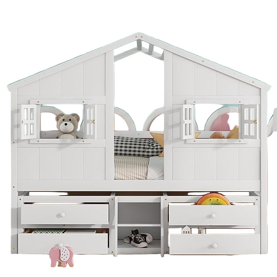 Full Size Wooden House-Shaped Loft Bed with Roof, Windows
