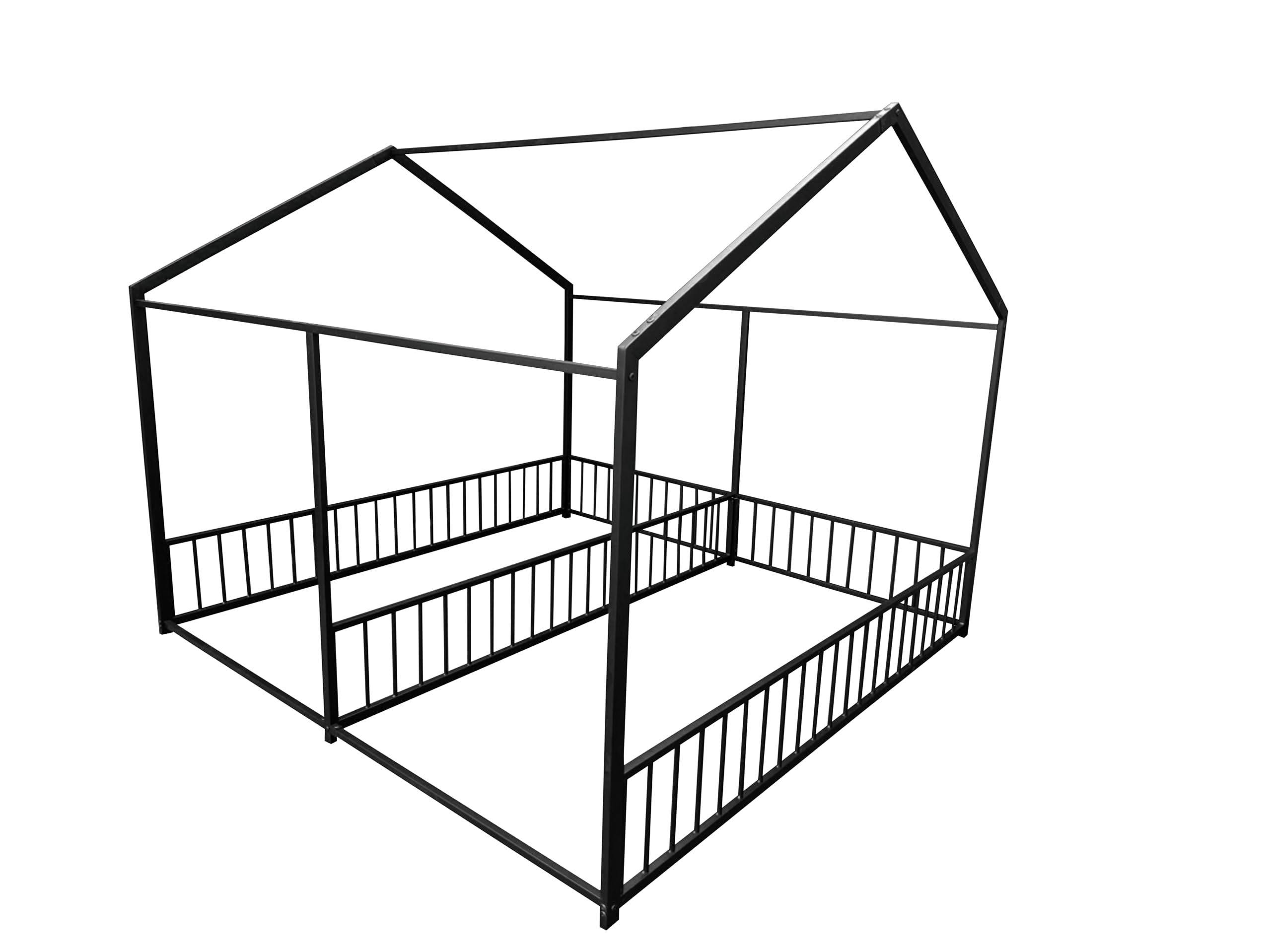 Double Montessori Floor Bed with Fence & Roof for Two Kids Teens Boys Girls
