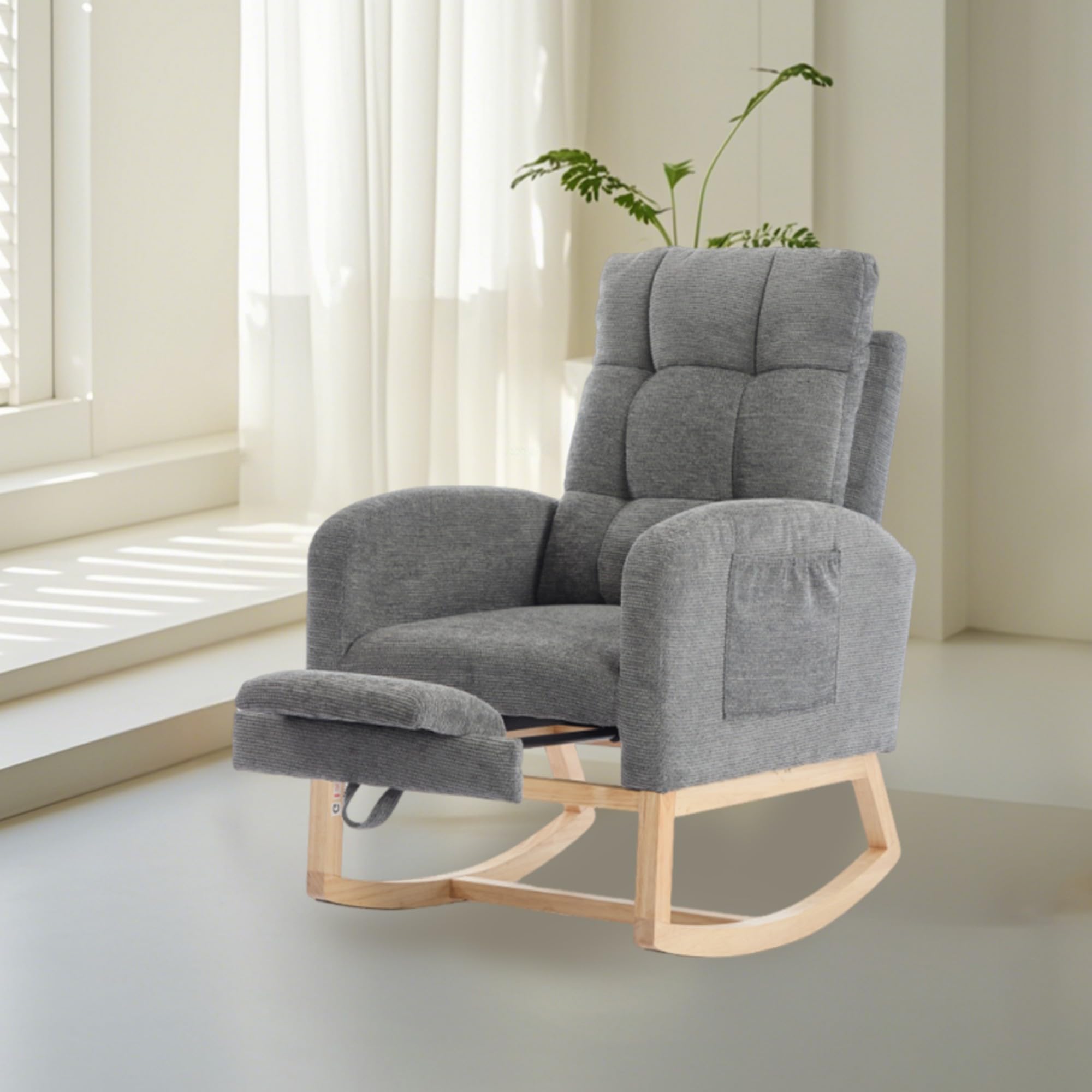 Nursery Rocking Chair with Adjustable Footrest and Side Pockets