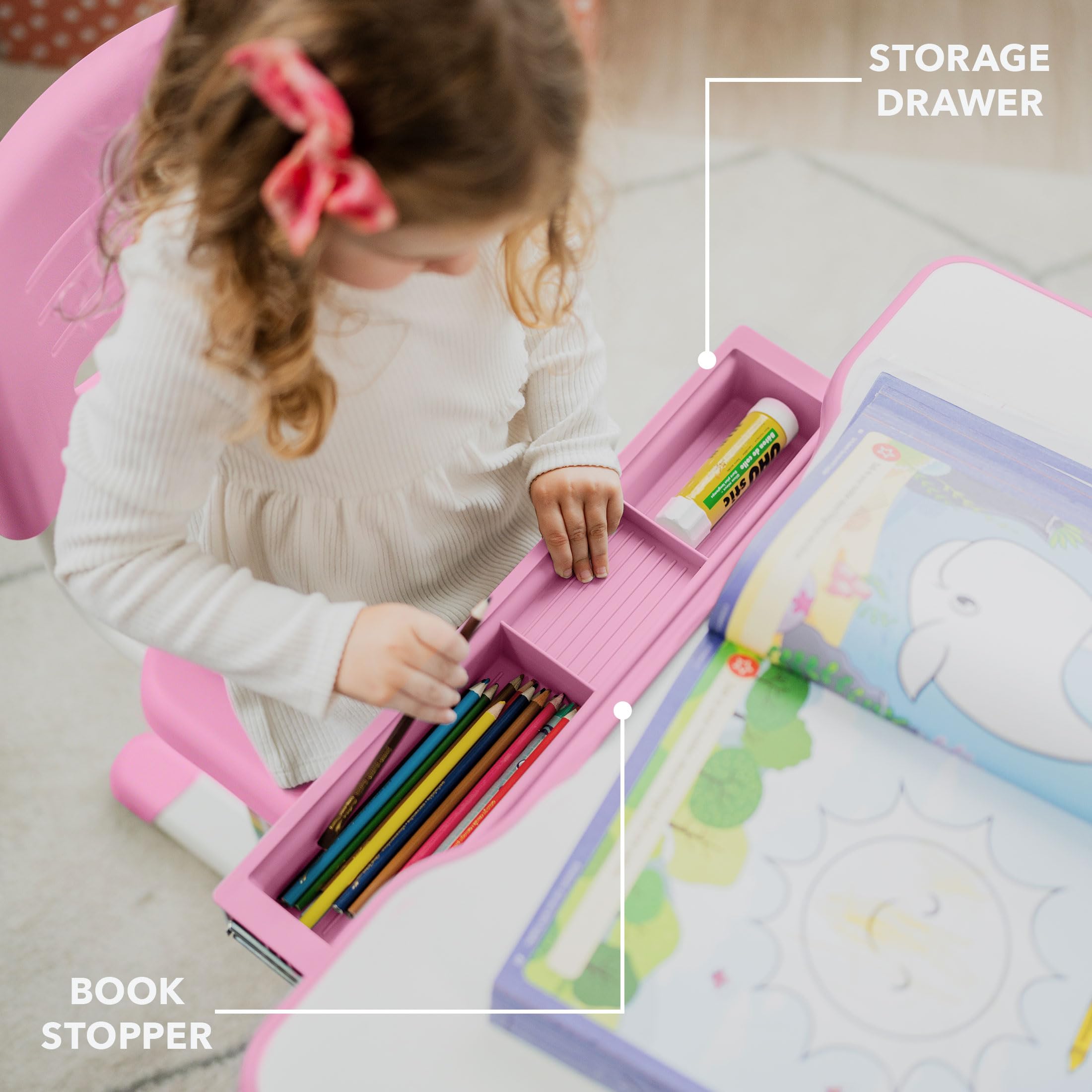Height Adjustable Kids Desk and Chair Set with Storage Drawer