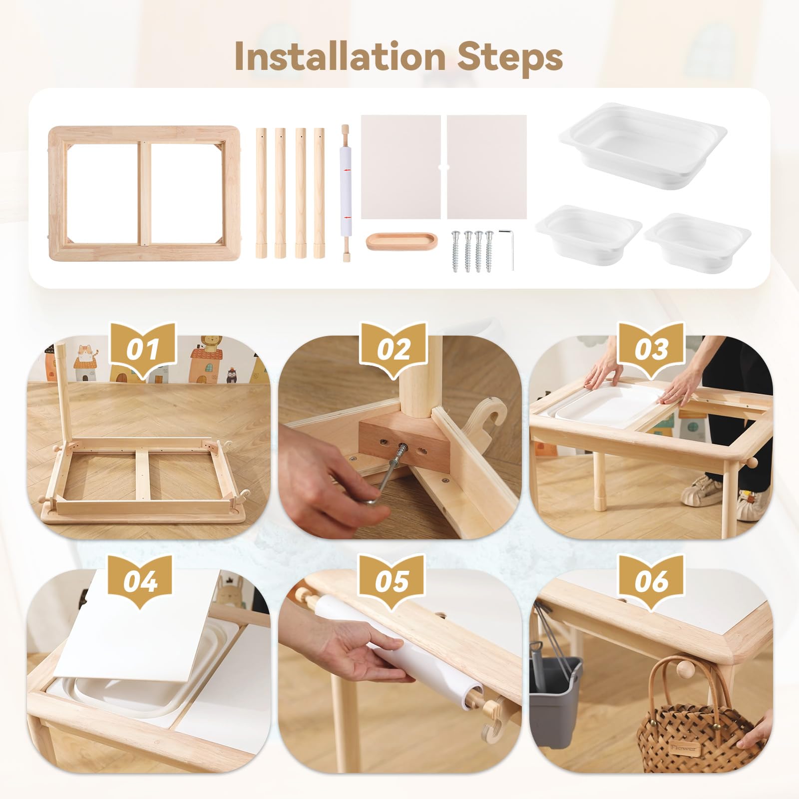 Montessori Sensory Table with Height Adjustment and Storage Bins
