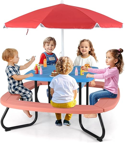 Kids Picnic Table, 8 Person Toddler Outdoor Table and Chair Set, 4 Built-in Benches