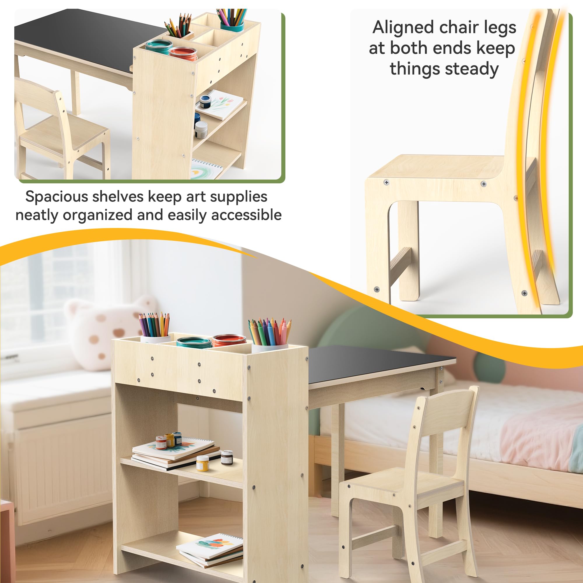 Beech Wood Kids Art Table and Chair Set with Storage