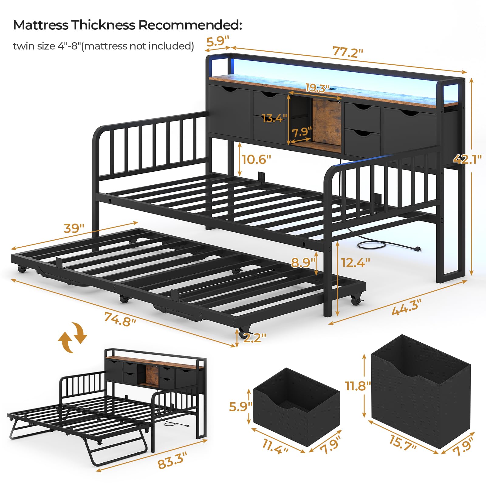 ADORNEVE Daybed with Trundle, Twin Day Bed with Storage Headboard & Charging Station, Height Adjustable Metal Trundle Bed Twin, Sofa Bed Frame for Living Room, Bedroom and Guest Room, Black