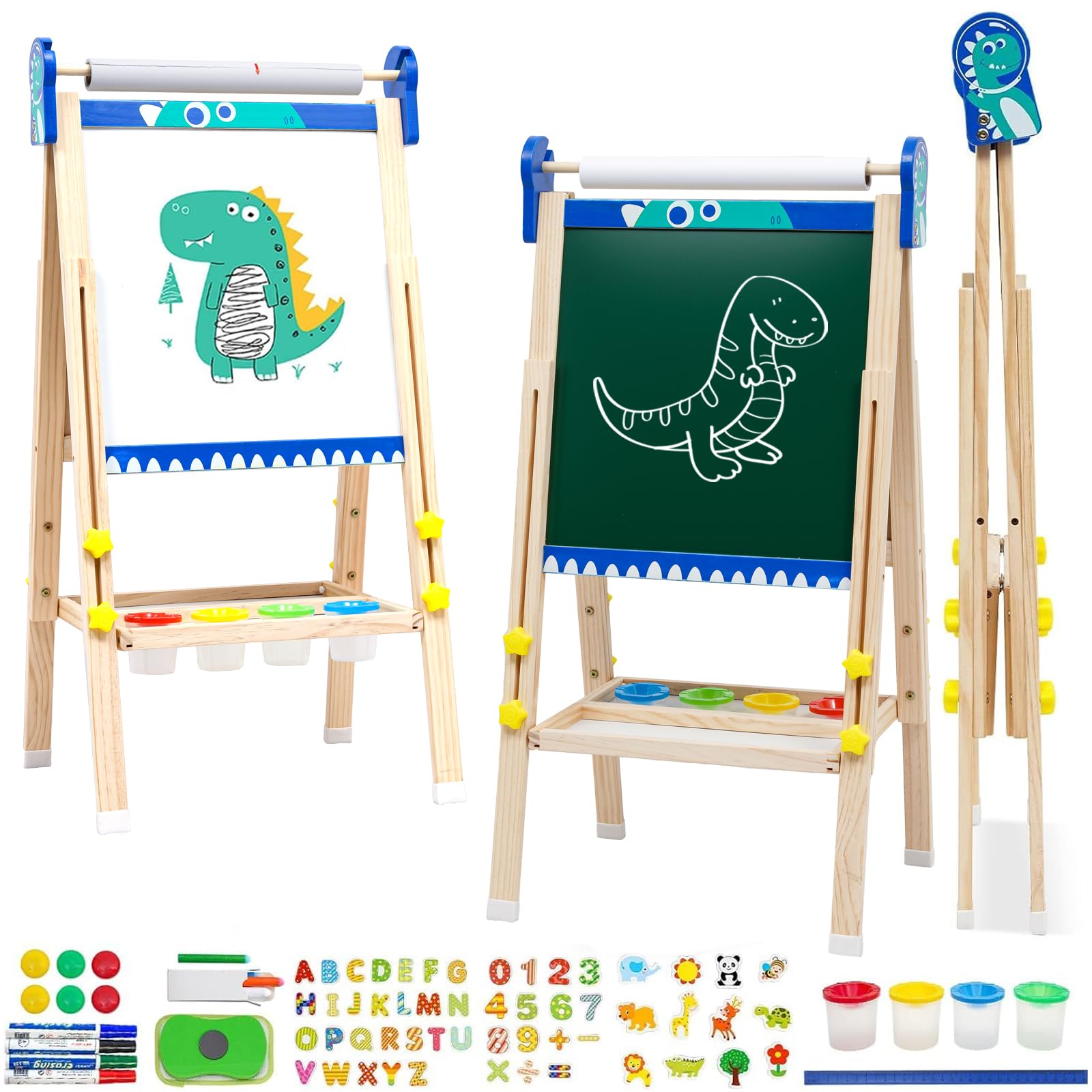 Kids Wooden Art Easel with Paper Roll,Foldable Double-Sided Easel with Whiteboard & Chalkboard,Height-Adjustable Drawing Board for Girls Boys Toddlers Aged 3-5/4-8,Ideal Gift for Christmas,Birthday