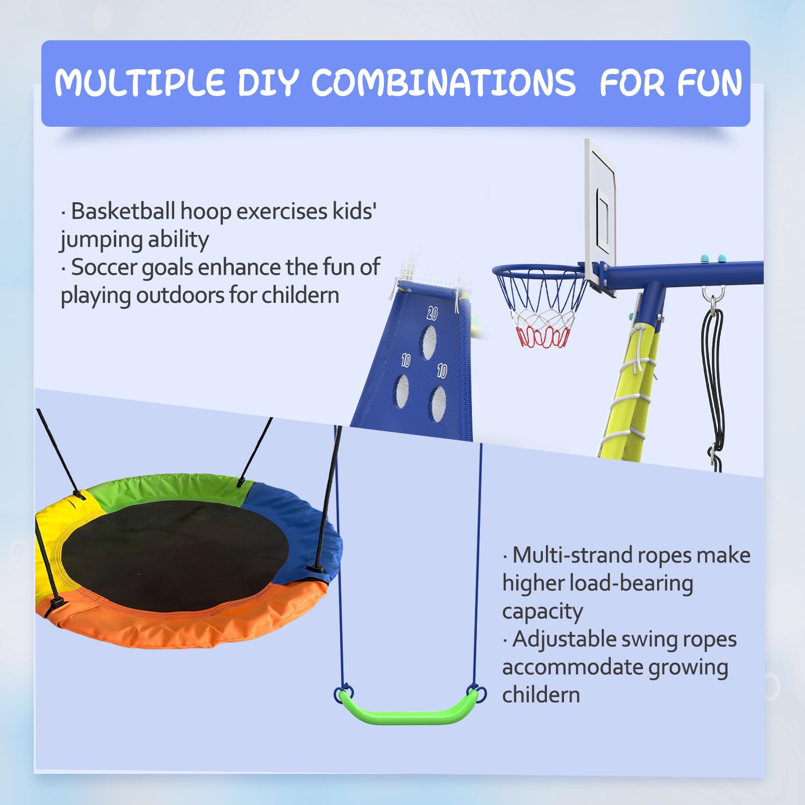 5-in-1 Metal Swing Set with Slide Basketball Hoop Soccer Goal
