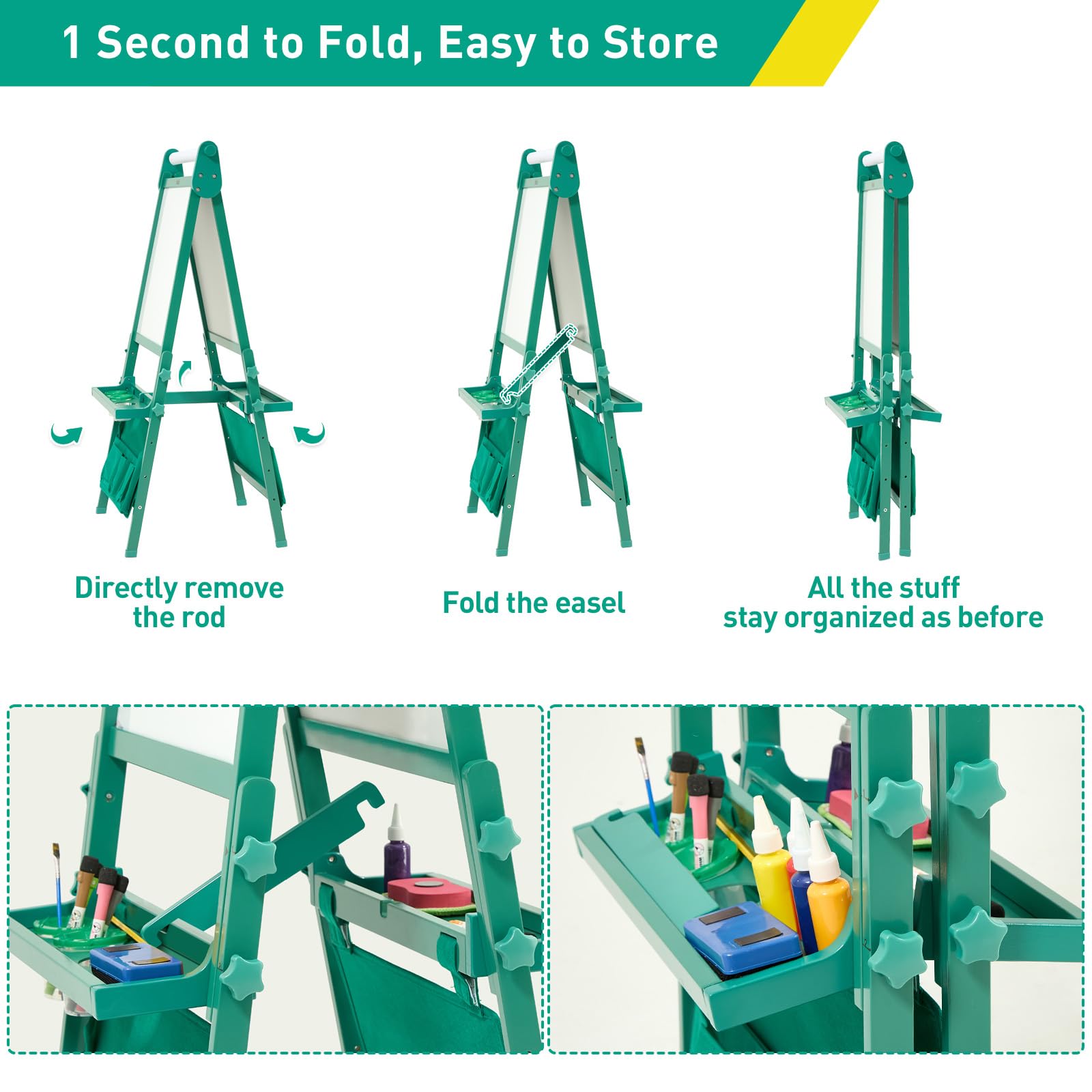 FUNLIO Foldable Anti-Warping Kids Art Easel, 3 Height Adjustable Toddler Easel, All-in-One for Kids Aged 3-8 with Paper Roll, Standing Easel with Magnetic Chalkboard/Whiteboard - Viridian Foldable