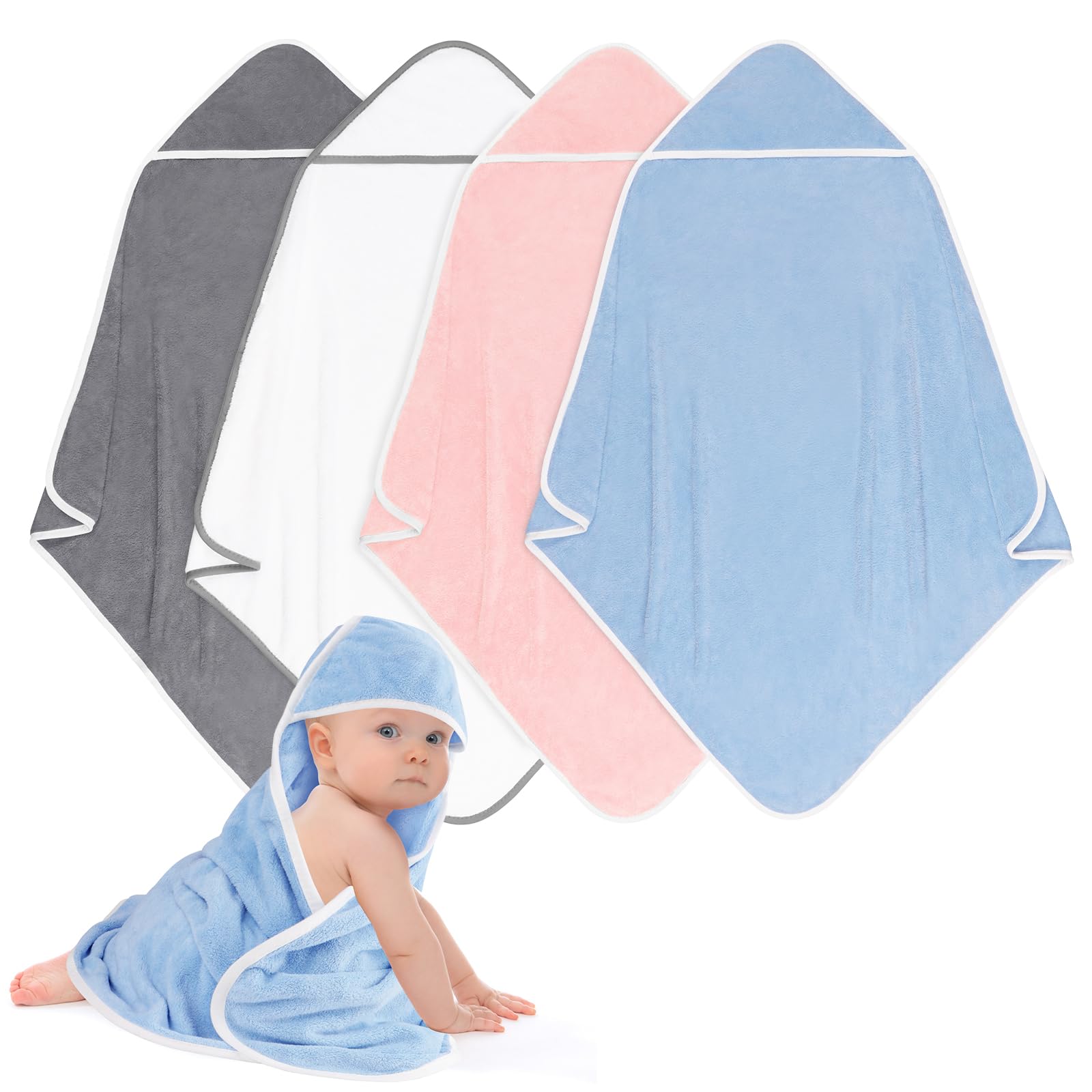 Hooded Towel for Newborn, 4 Pack Soft Coral Fleece Baby Towels