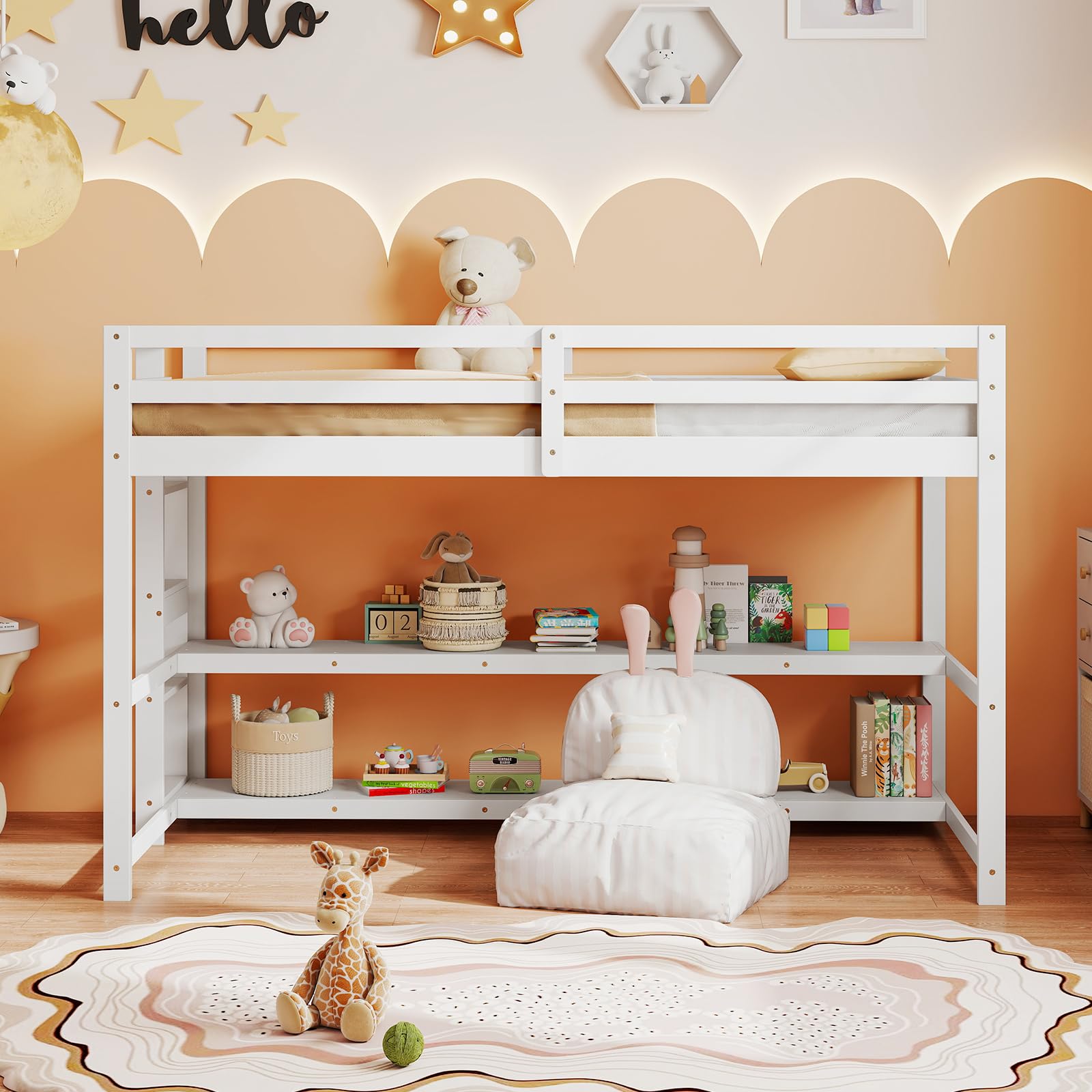 Twin Low Loft Bed with Storage Shelves and Ladder