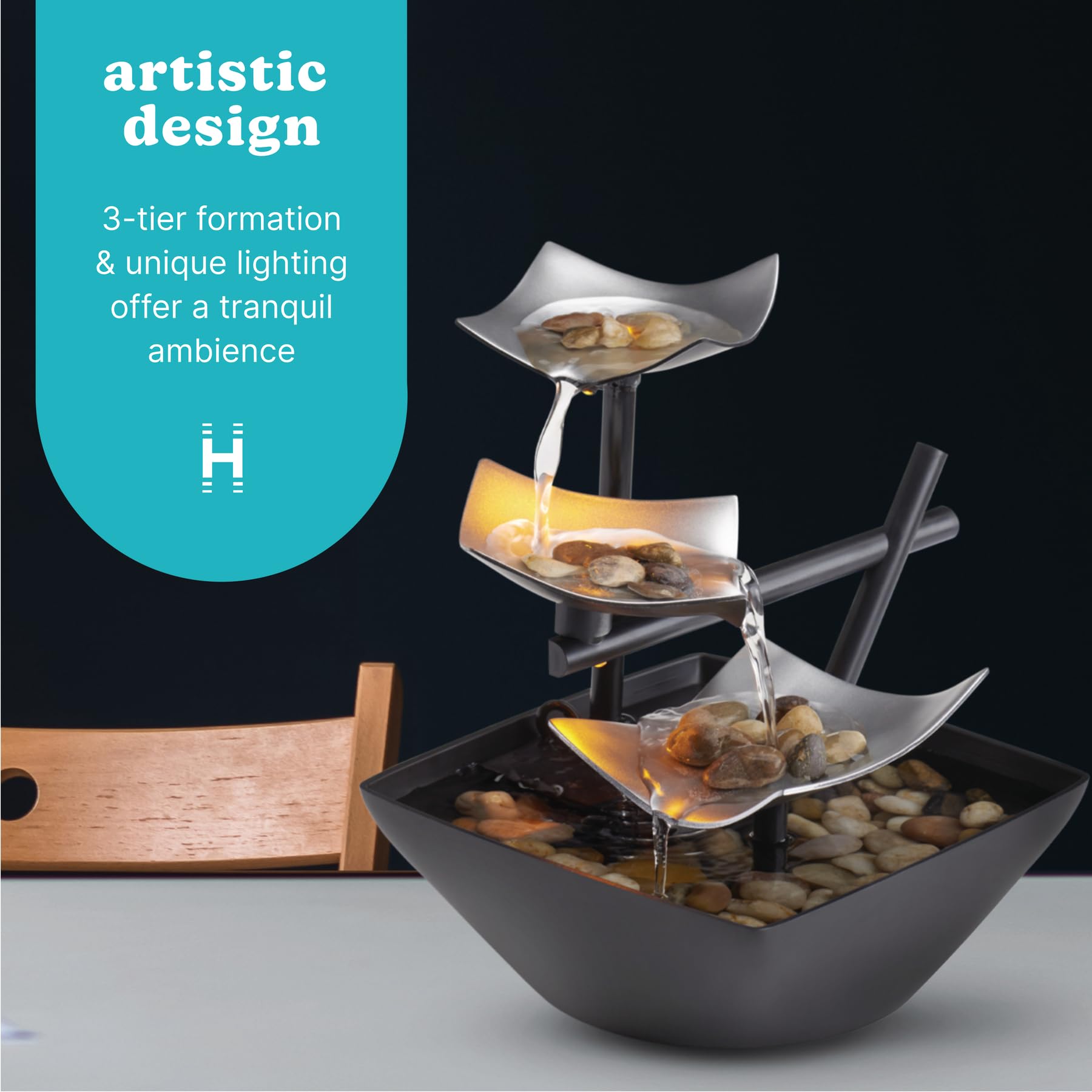 Tabletop Water Fountain with LED Light and Natural Stones