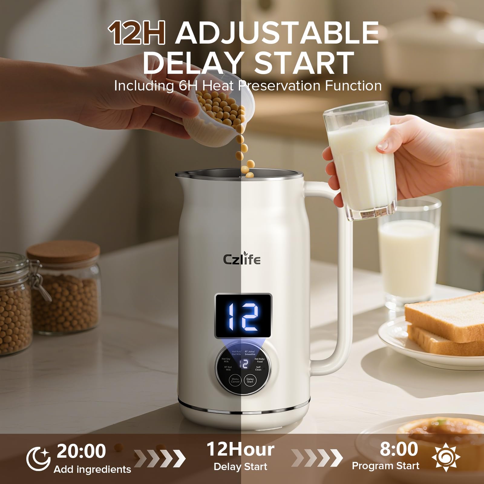 Czlife N5 Nut Milk Maker Machine, 20oz (600ml) Homemade Almond Milk, Soy, Oat, Coconut, Juice, Milkshake, Smoothies, Baby Food, Plant Based Milks with Delay Start, Keep Warm, Selfclean