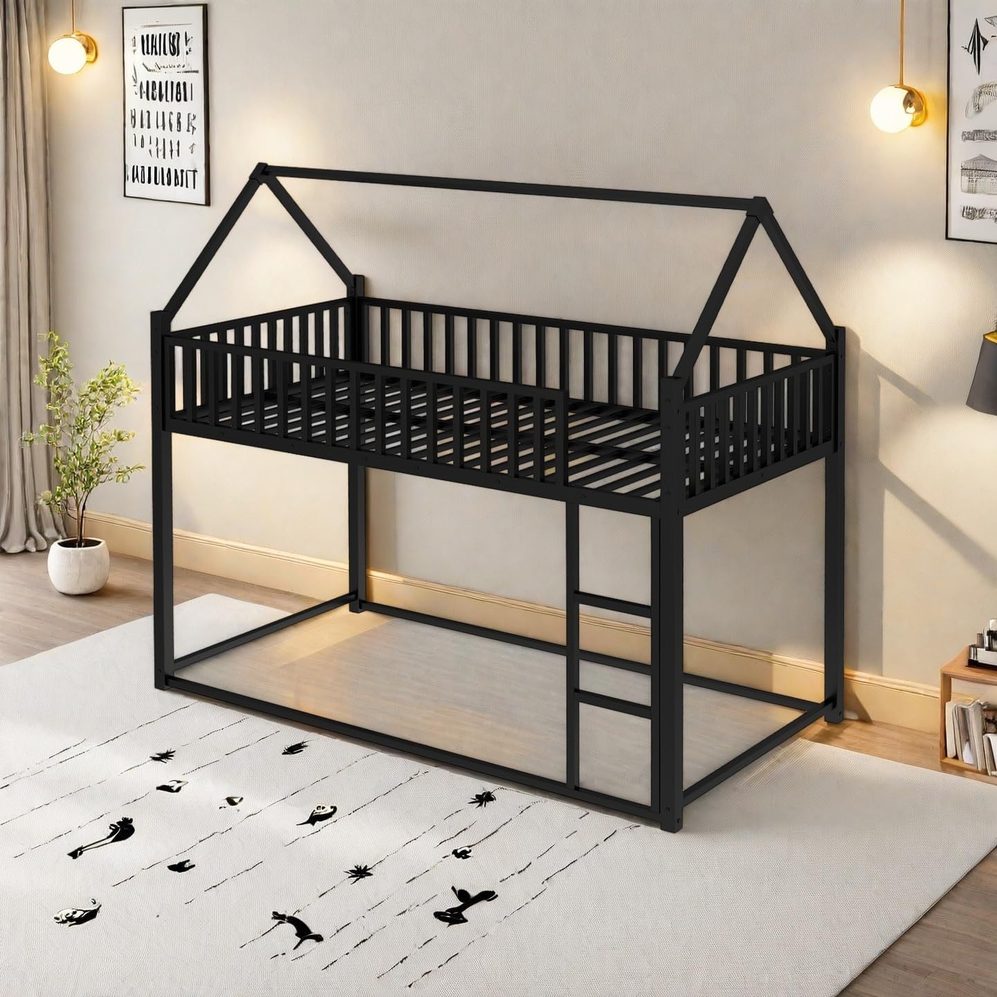 Twin Over Twin House Bed, Metal Floor Bunk Bed with Safety Guardrails and Roof